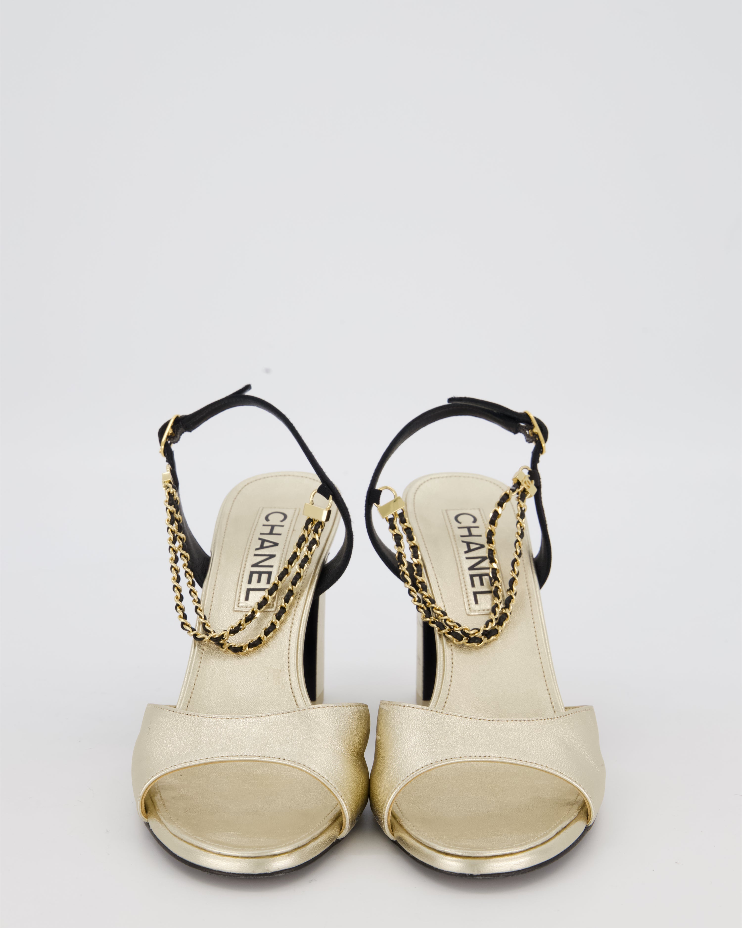 Chanel Gold Sandals With Block Heels and Chains Details Size EU 38.5 (UK 5.5)