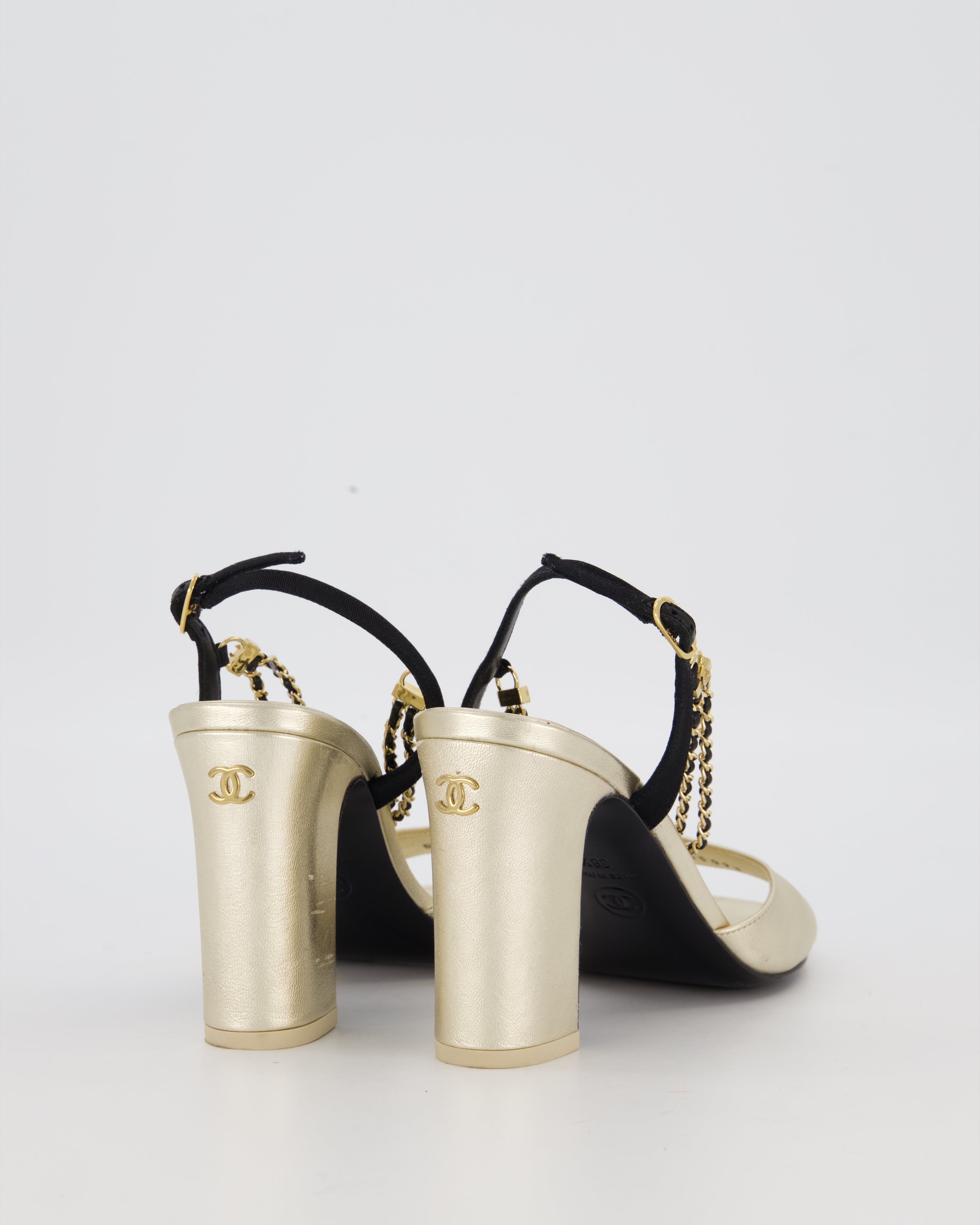 Chanel Gold Sandals With Block Heels and Chains Details Size EU 38.5 (UK 5.5)