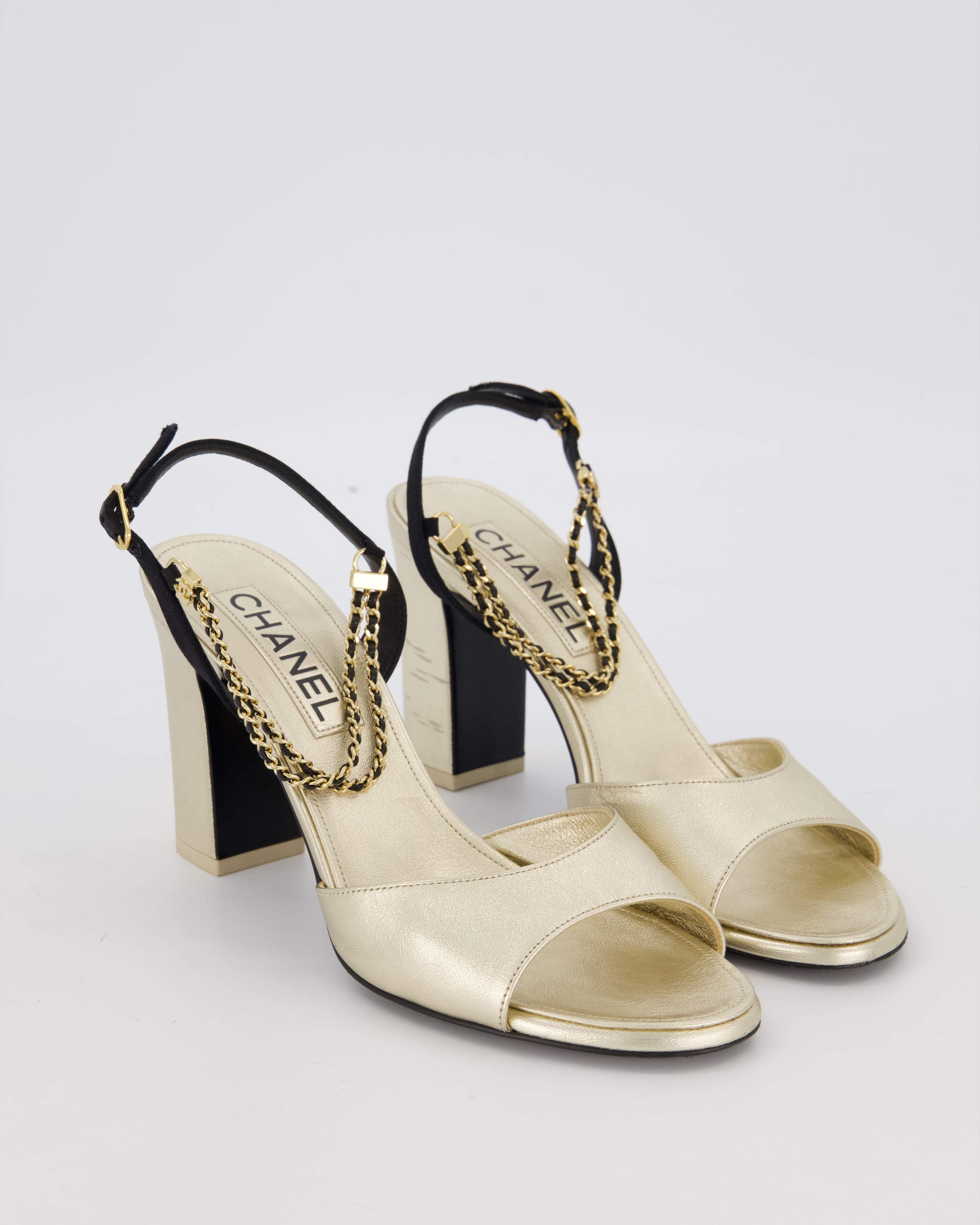 Chanel Gold Sandals With Block Heels and Chains Details Size EU 38.5 (UK 5.5)
