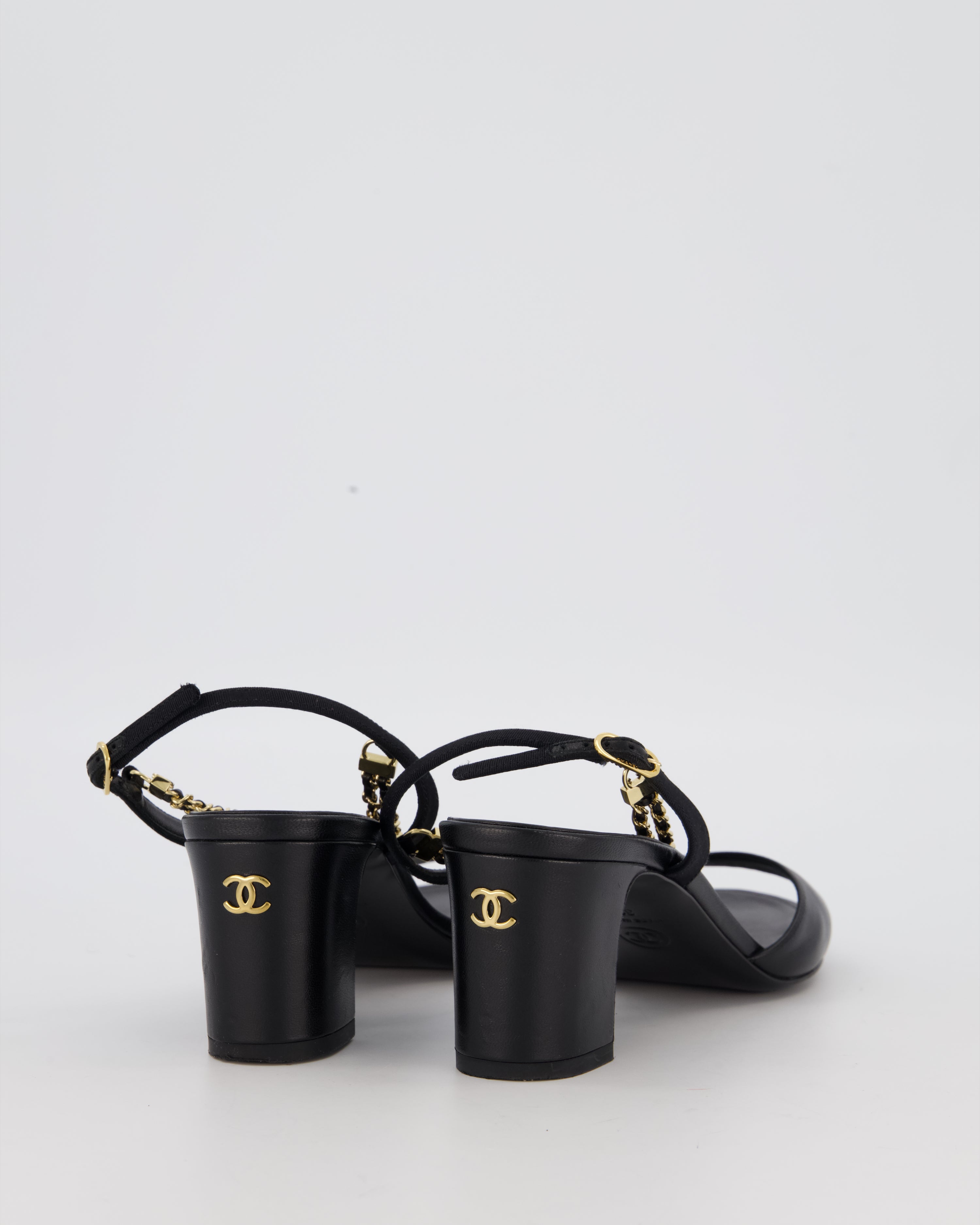 Chanel Black Sandals With Block Heels and Chains Details Size EU 38.5 (UK 5.5)