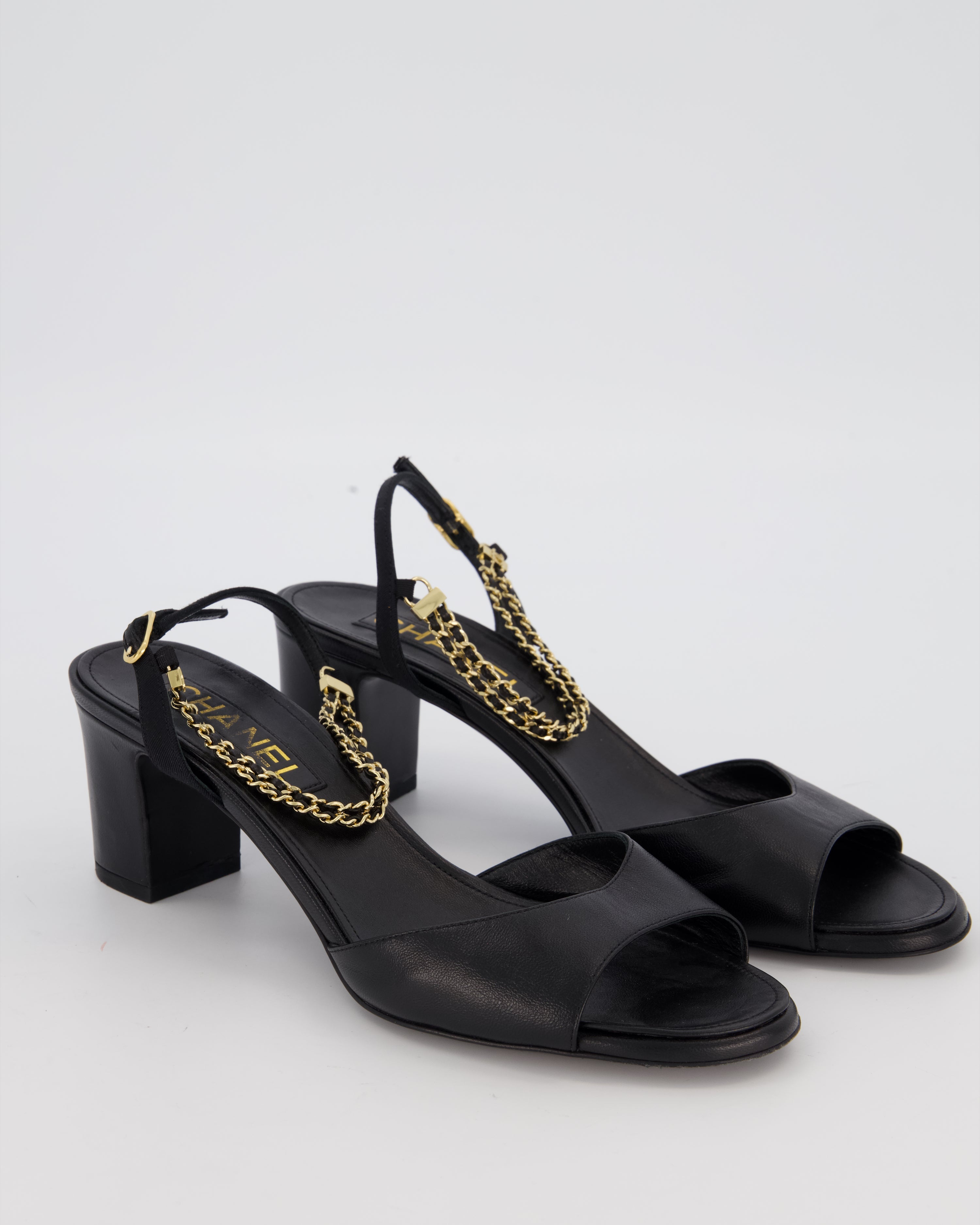 Chanel Black Sandals With Block Heels and Chains Details Size EU 38.5 (UK 5.5)