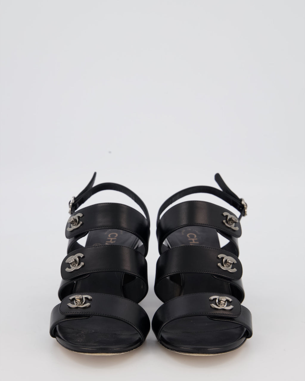 Chanel Black Sandals With Block Heel and CC Turnlock Details Size EU 38.5