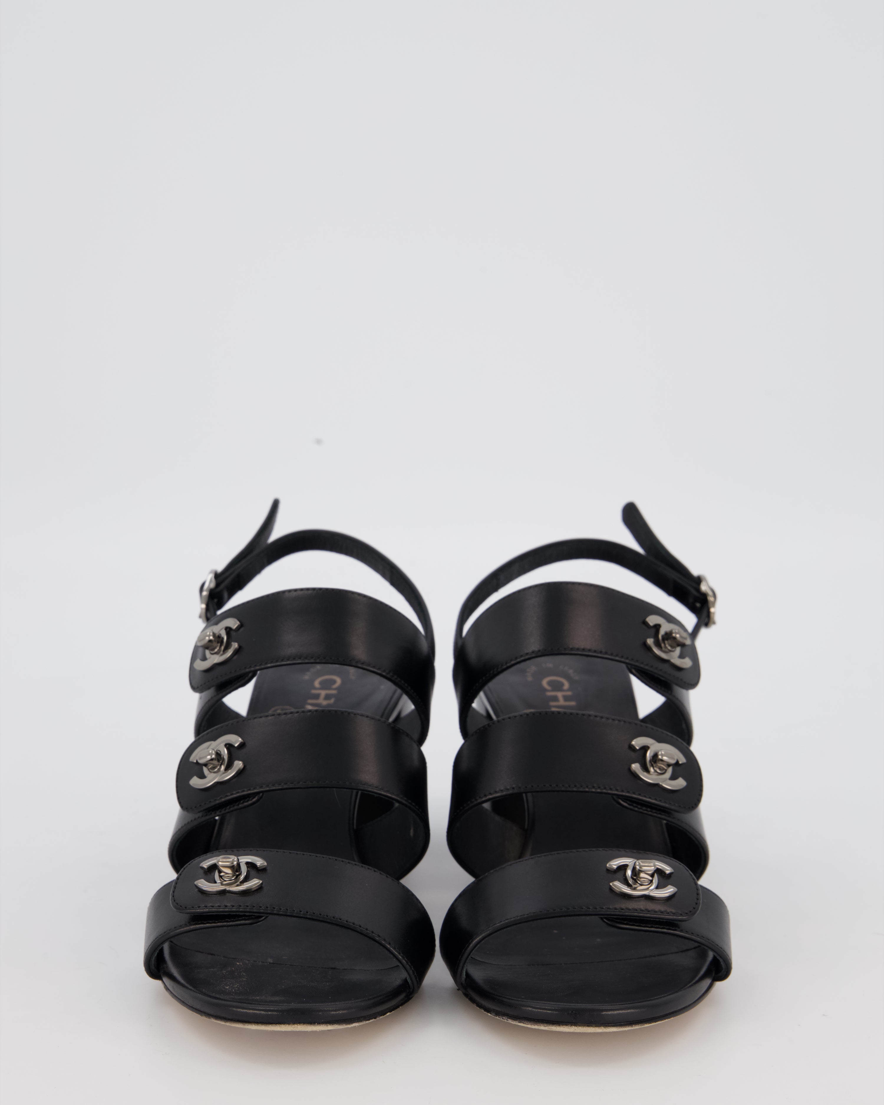 Chanel Black Sandals With Block Heel and CC Turnlock Details Size EU 38.5