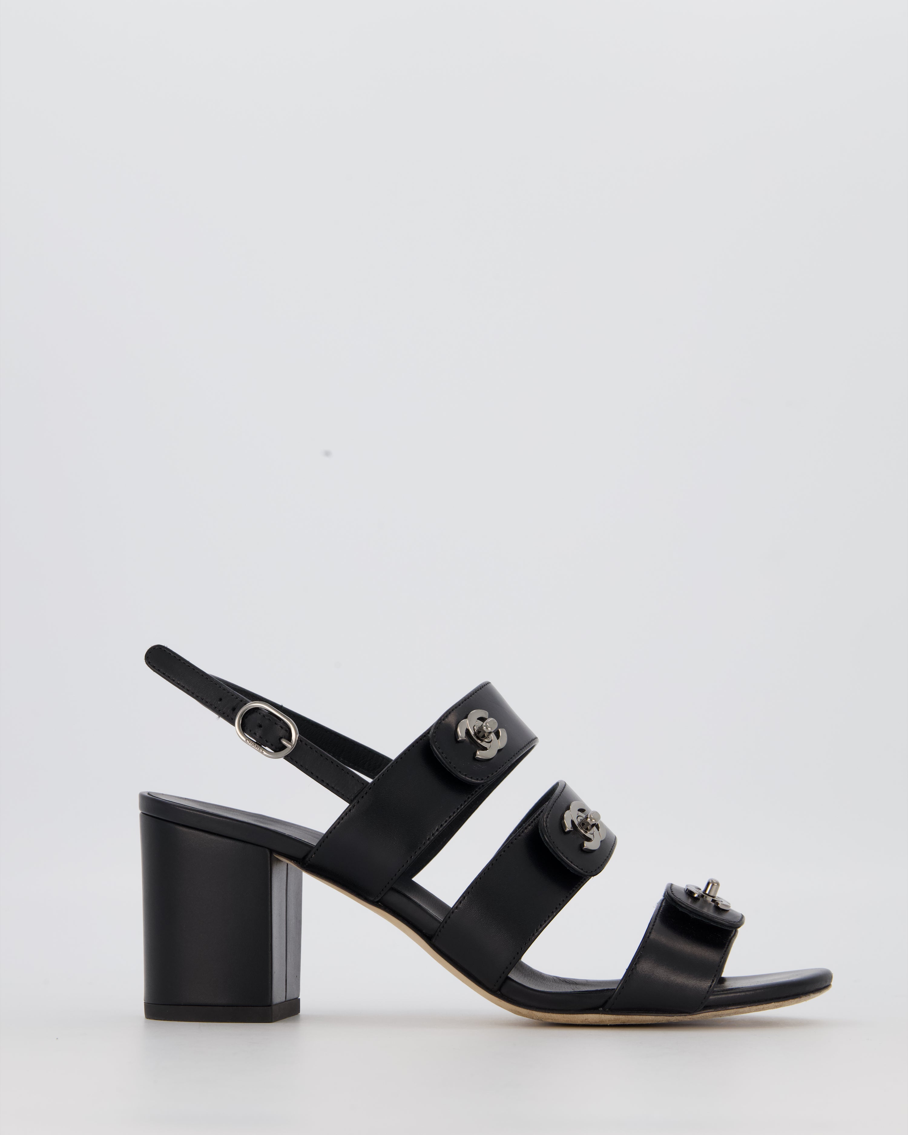 Chanel Black Sandals With Block Heel and CC Turnlock Details Size EU 38.5