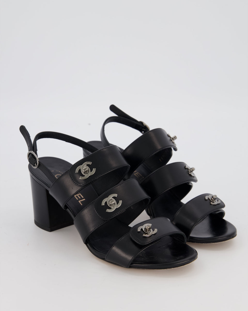 Chanel Black Sandals With Block Heel and CC Turnlock Details Size EU 38.5