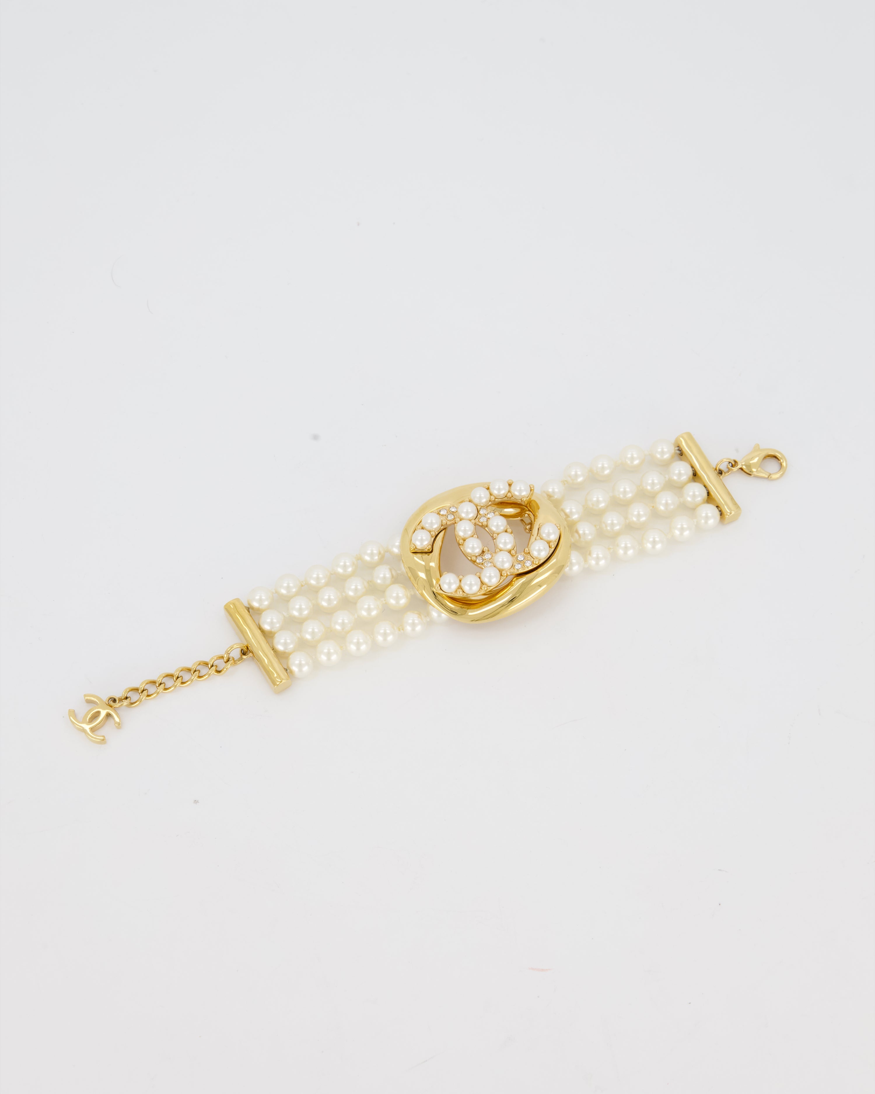 Chanel Pearls and Gold Turnlock Bracelet With CC Logo