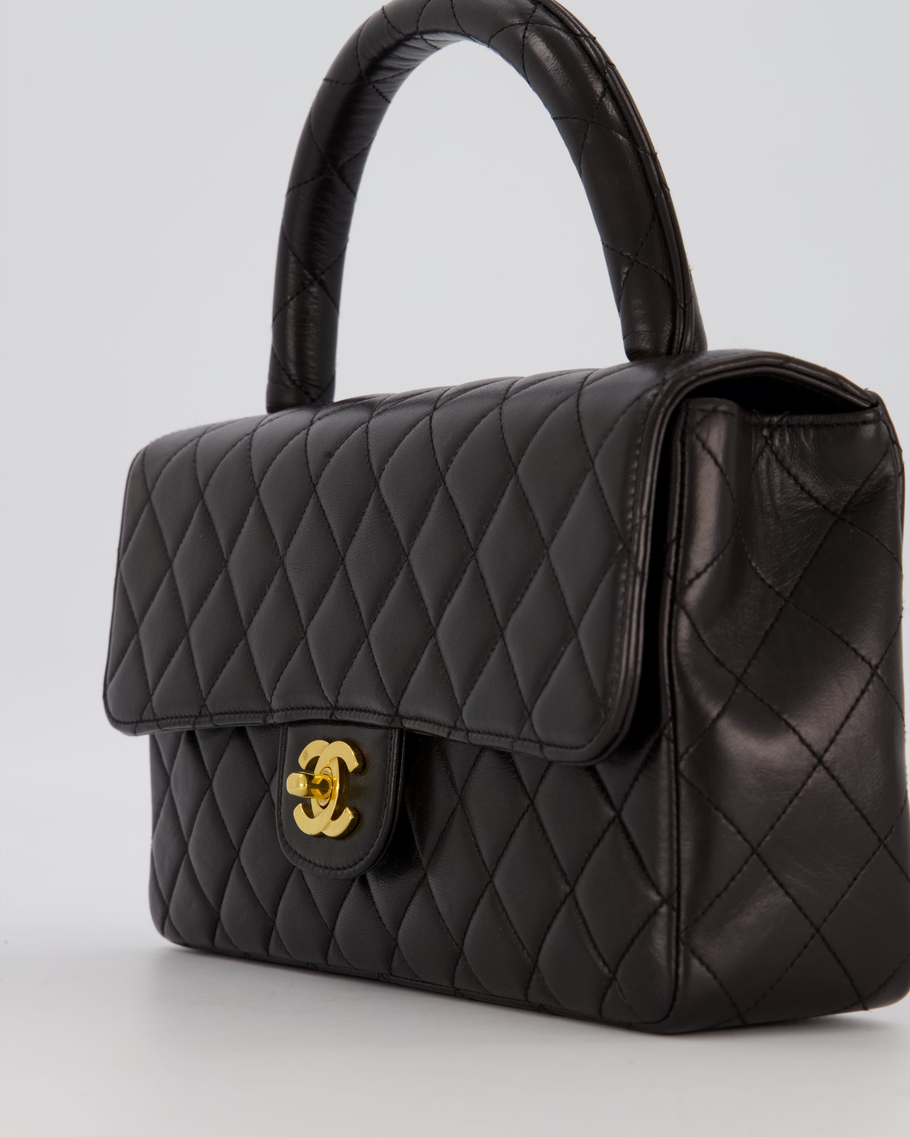 Chanel Black Vintage Top Handle Medium Single Flap Bag in Lambskin Leather with 24K Gold Hardware