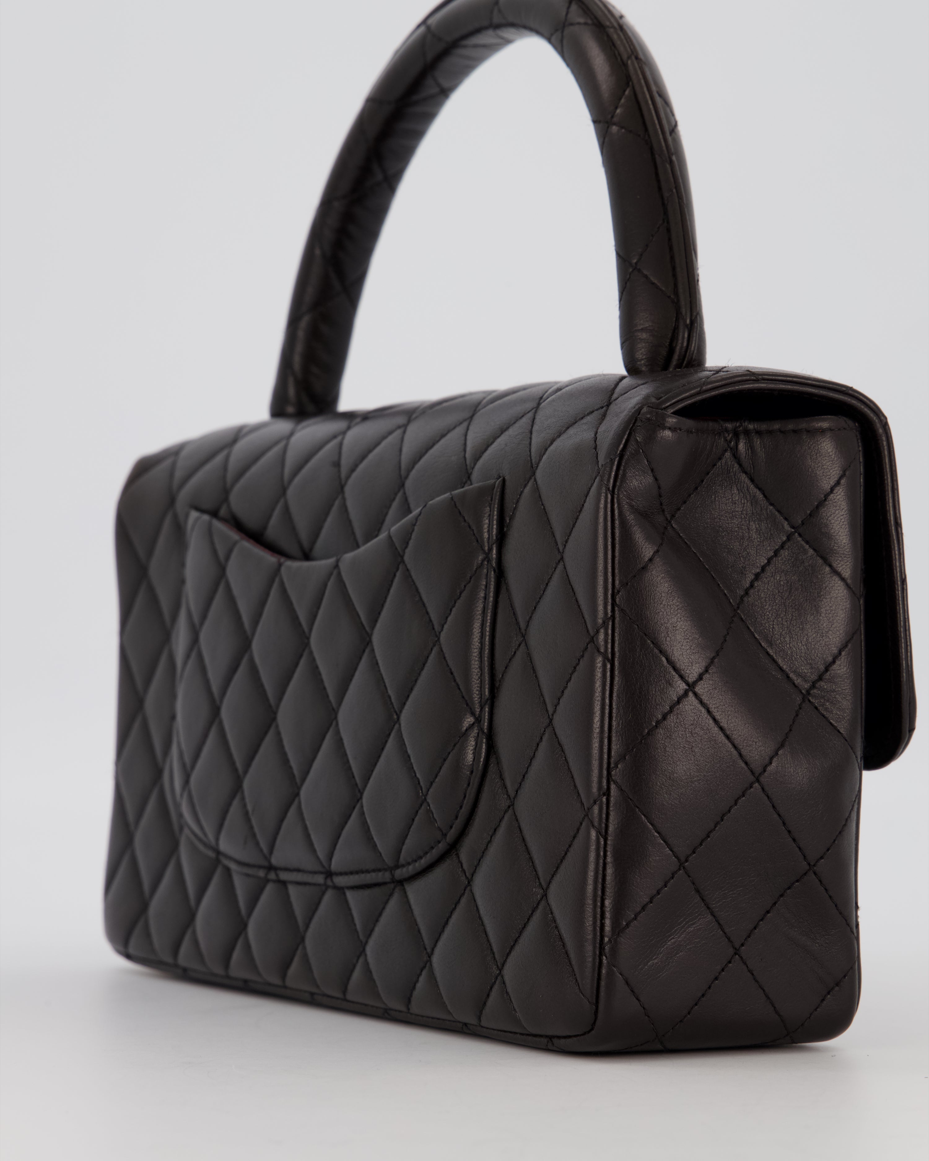 Chanel Black Vintage Top Handle Medium Single Flap Bag in Lambskin Leather with 24K Gold Hardware
