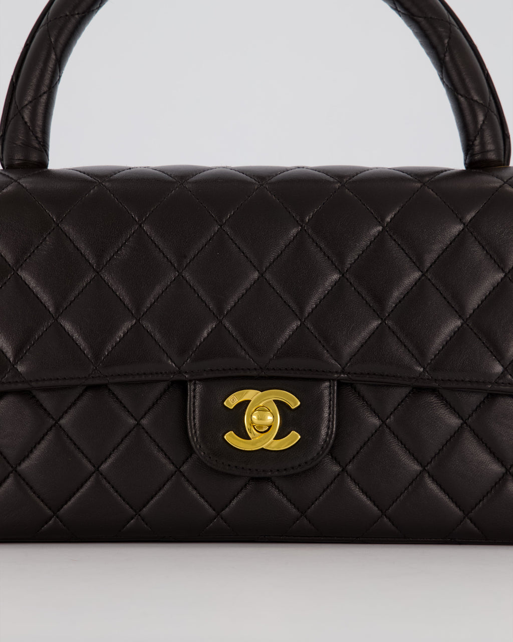 Chanel Black Vintage Top Handle Medium Single Flap Bag in Lambskin Leather with 24K Gold Hardware