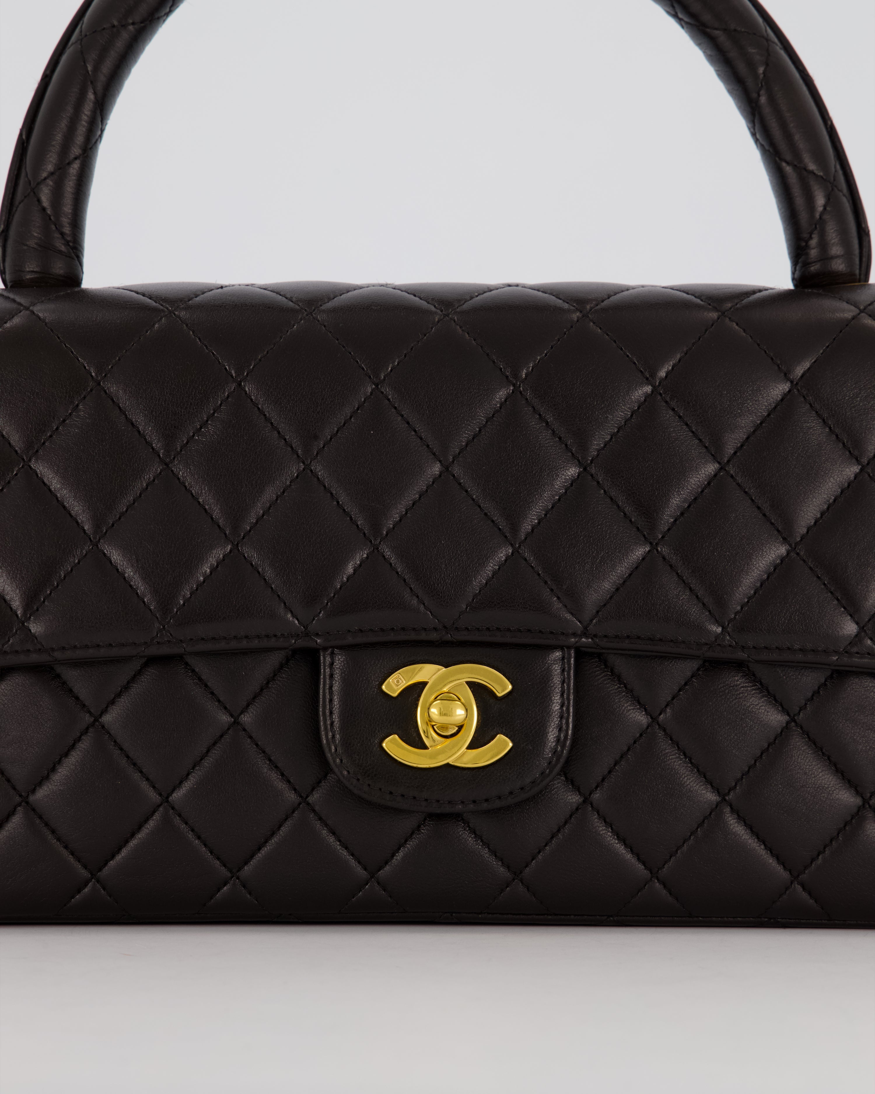 Chanel Black Vintage Top Handle Medium Single Flap Bag in Lambskin Leather with 24K Gold Hardware
