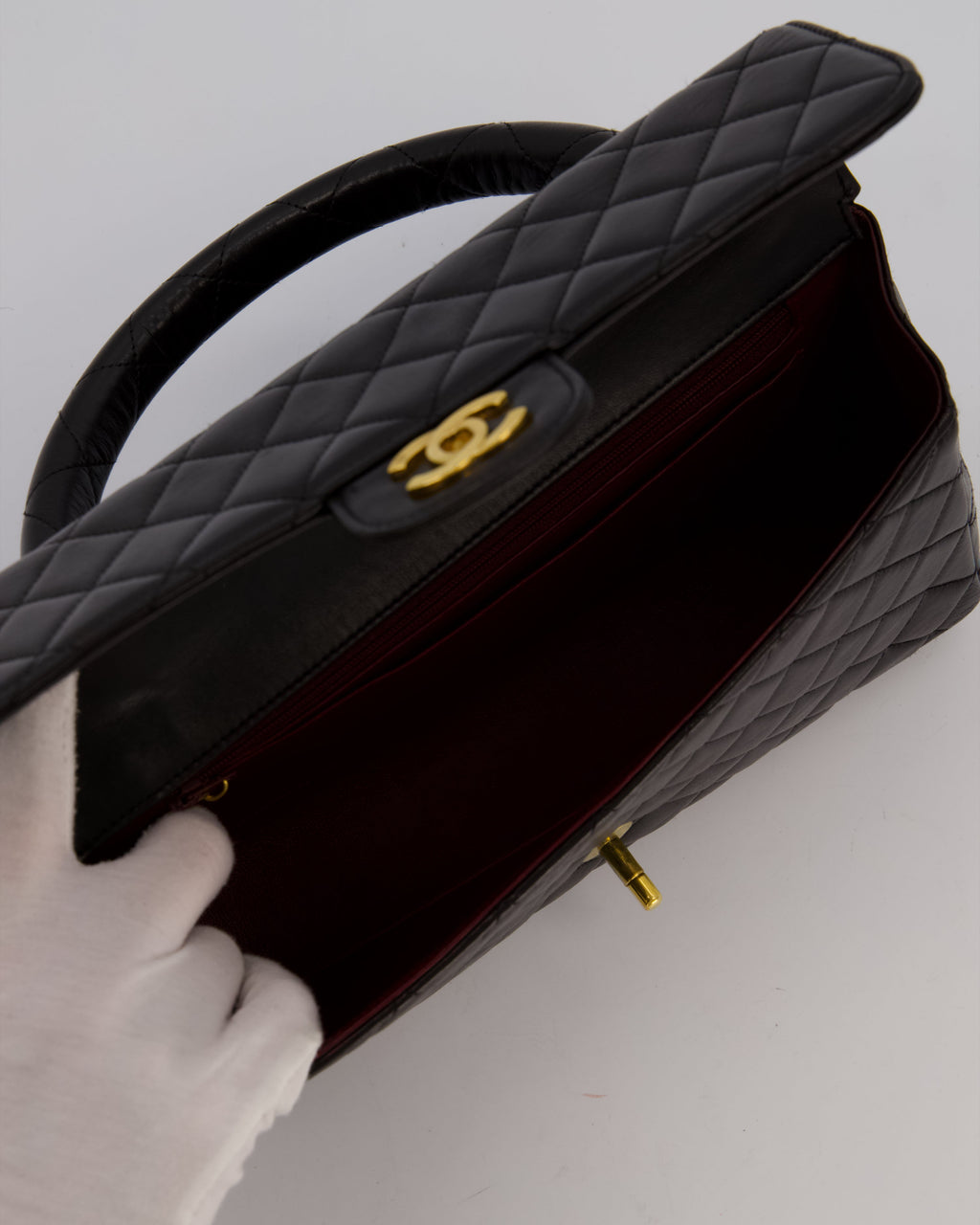 Chanel Black Vintage Top Handle Medium Single Flap Bag in Lambskin Leather with 24K Gold Hardware