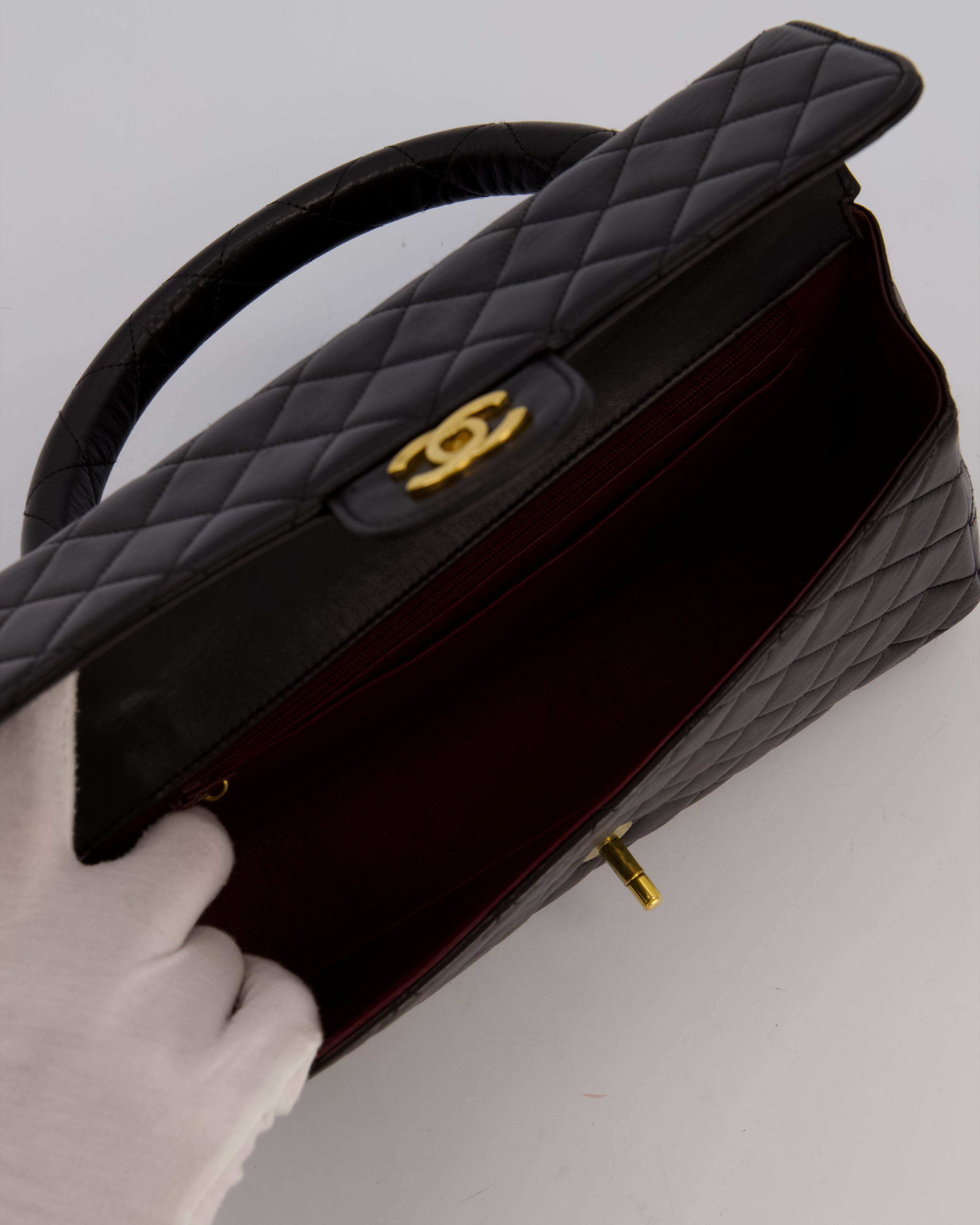 Chanel Black Vintage Top Handle Medium Single Flap Bag in Lambskin Leather with 24K Gold Hardware