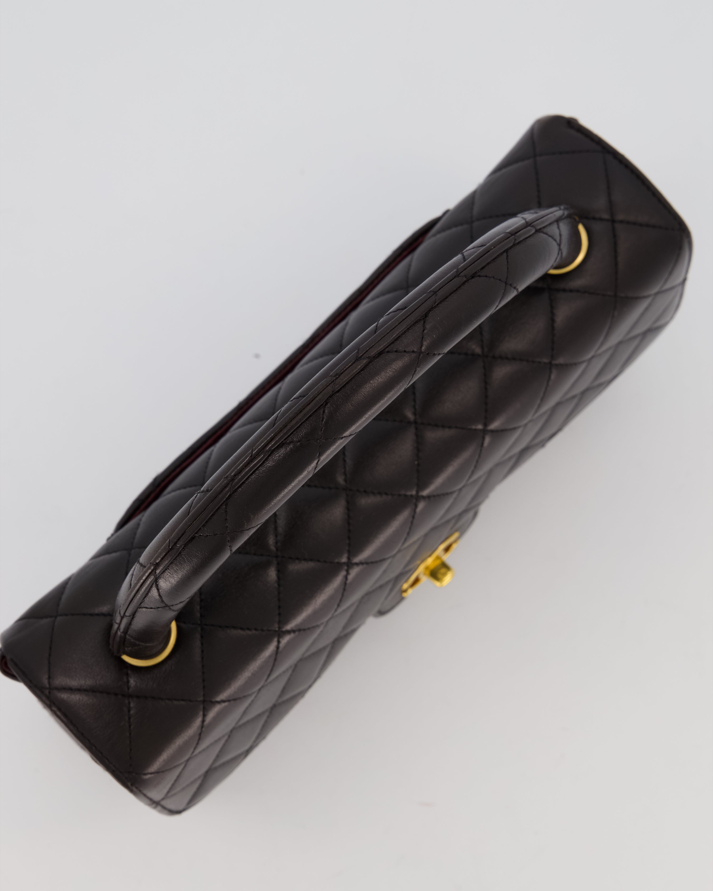Chanel Black Vintage Top Handle Medium Single Flap Bag in Lambskin Leather with 24K Gold Hardware