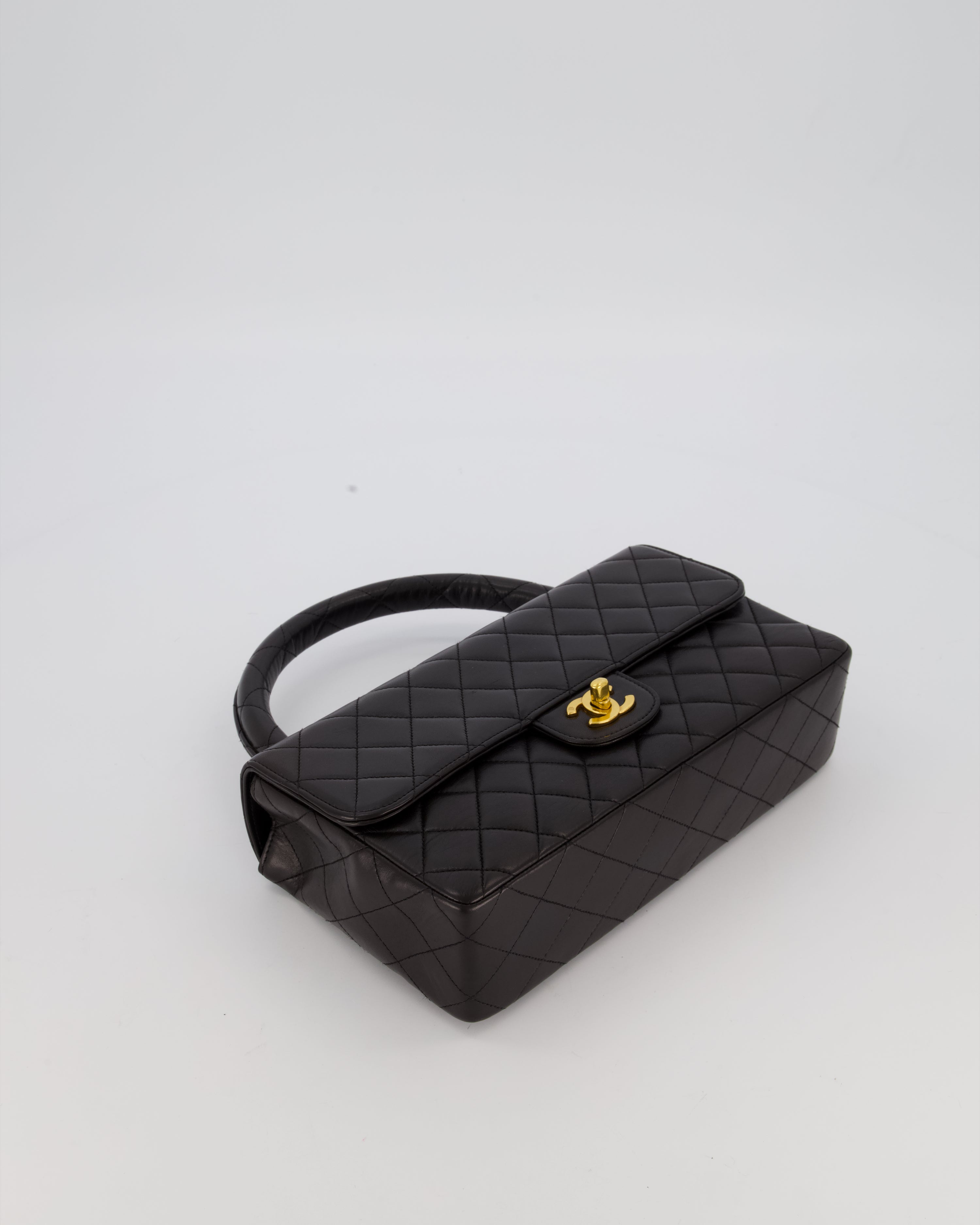 Chanel Black Vintage Top Handle Medium Single Flap Bag in Lambskin Leather with 24K Gold Hardware
