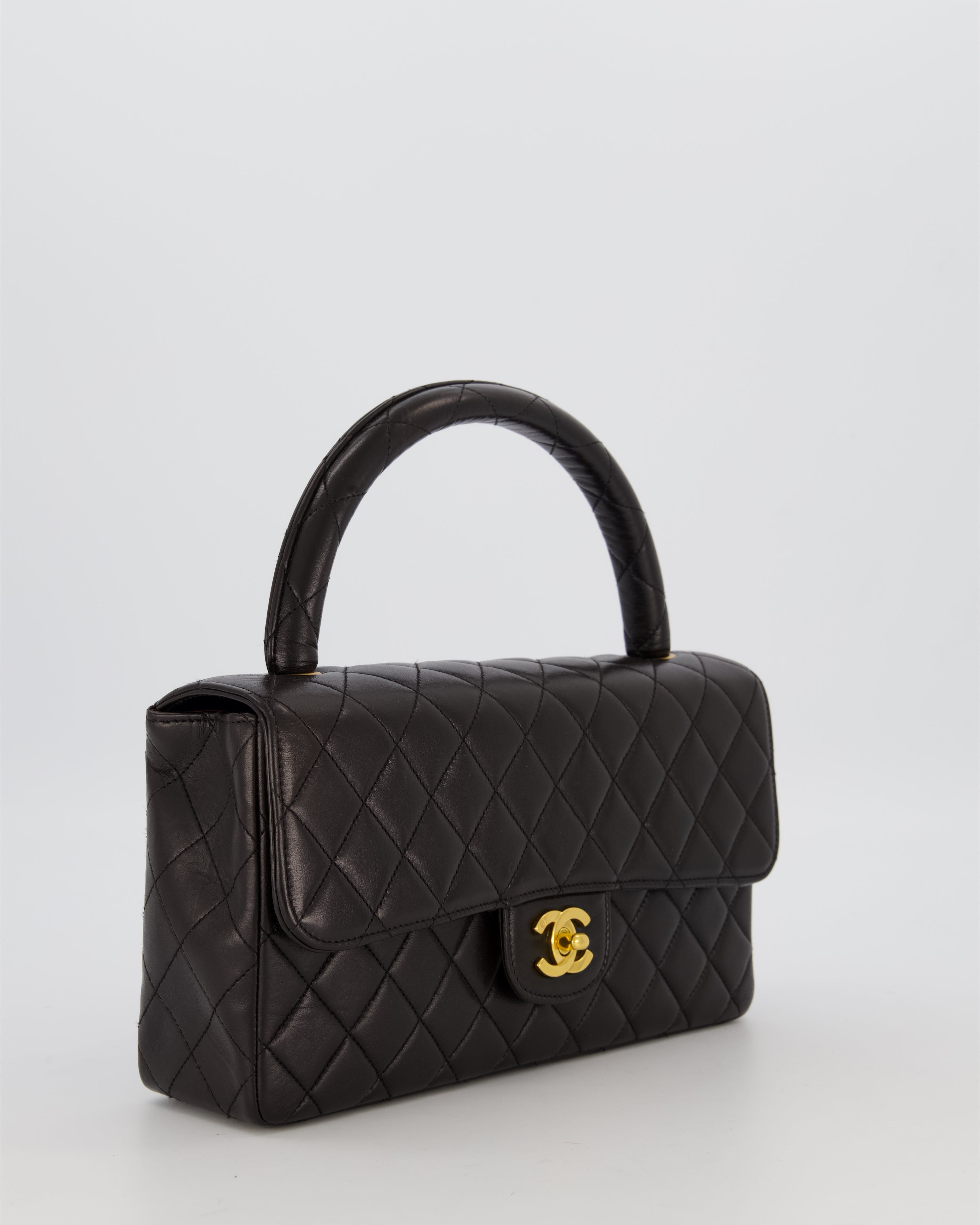 Chanel Black Vintage Top Handle Medium Single Flap Bag in Lambskin Leather with 24K Gold Hardware