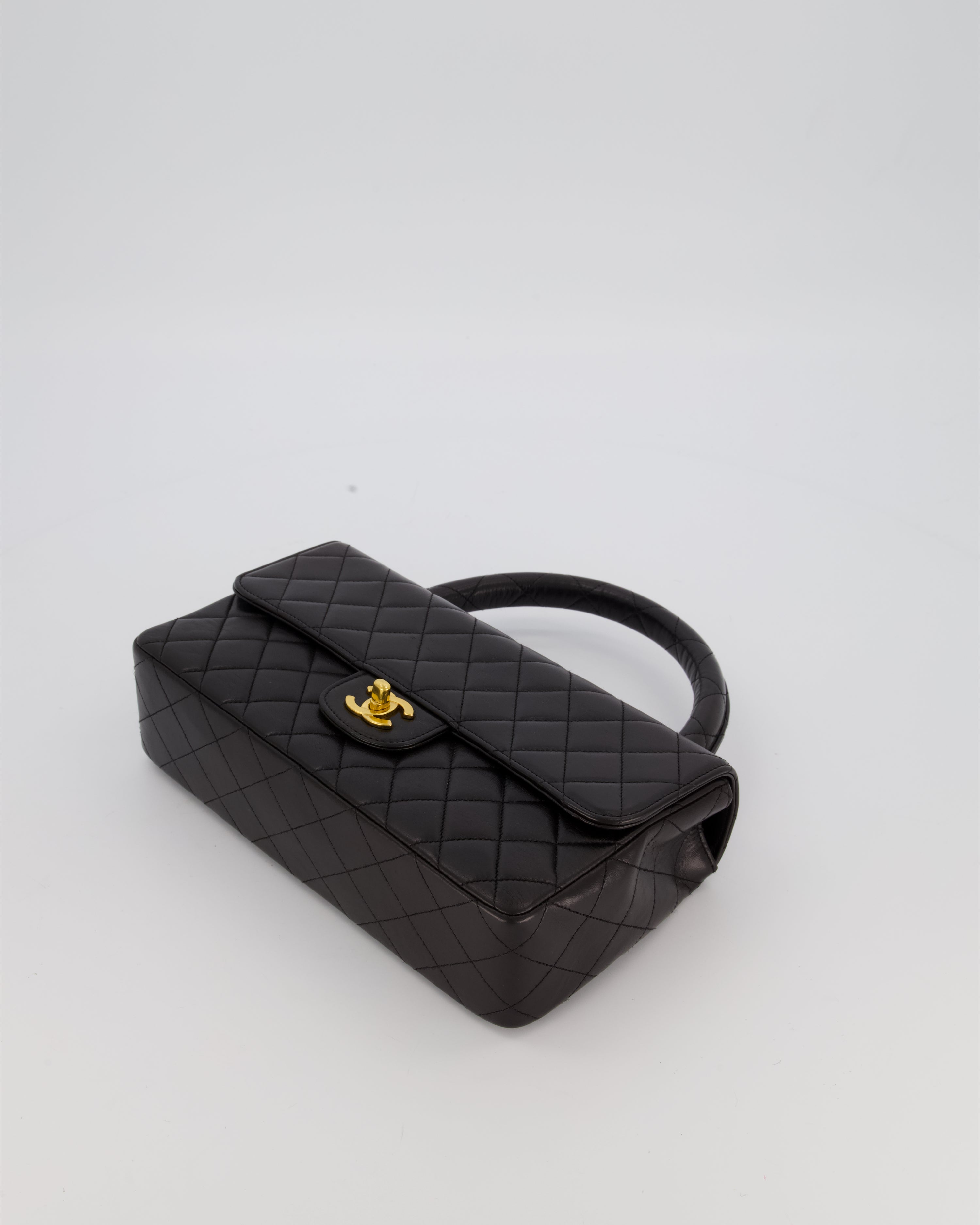 Chanel Black Vintage Top Handle Medium Single Flap Bag in Lambskin Leather with 24K Gold Hardware