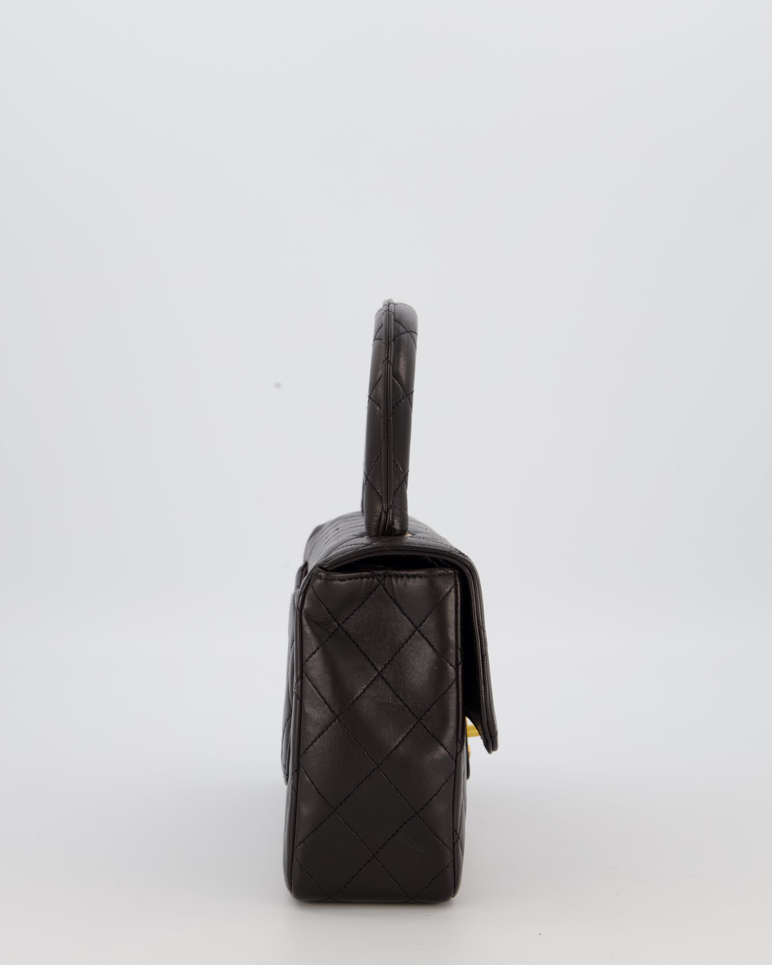 Chanel Black Vintage Top Handle Medium Single Flap Bag in Lambskin Leather with 24K Gold Hardware
