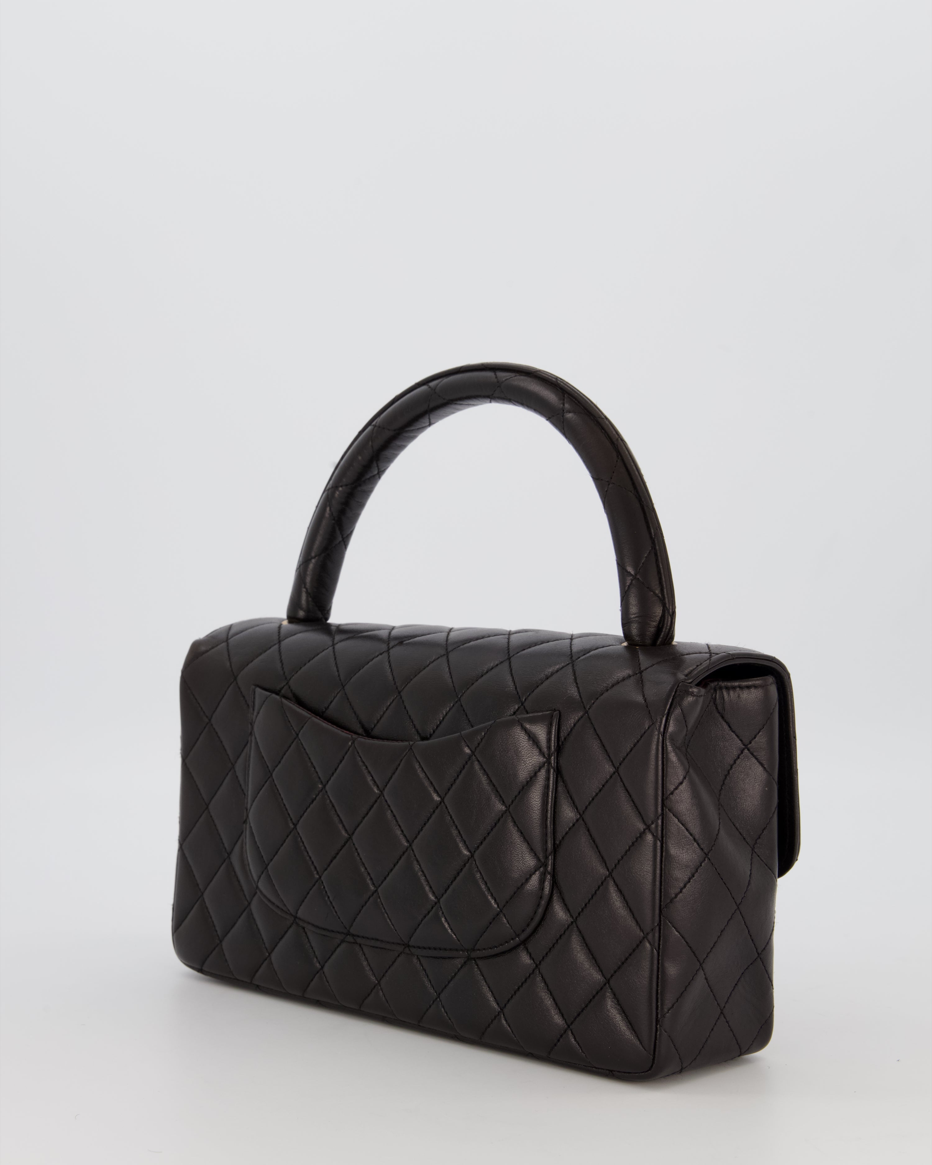 Chanel Black Vintage Top Handle Medium Single Flap Bag in Lambskin Leather with 24K Gold Hardware