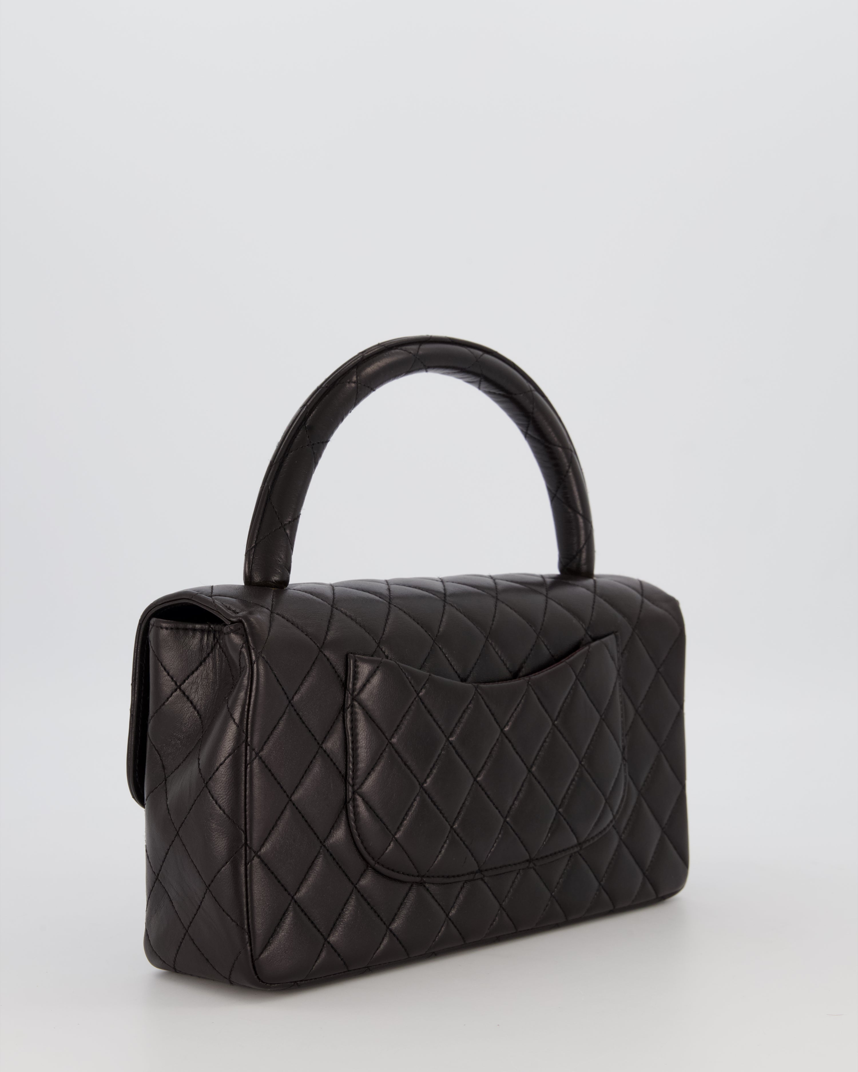 Chanel Black Vintage Top Handle Medium Single Flap Bag in Lambskin Leather with 24K Gold Hardware