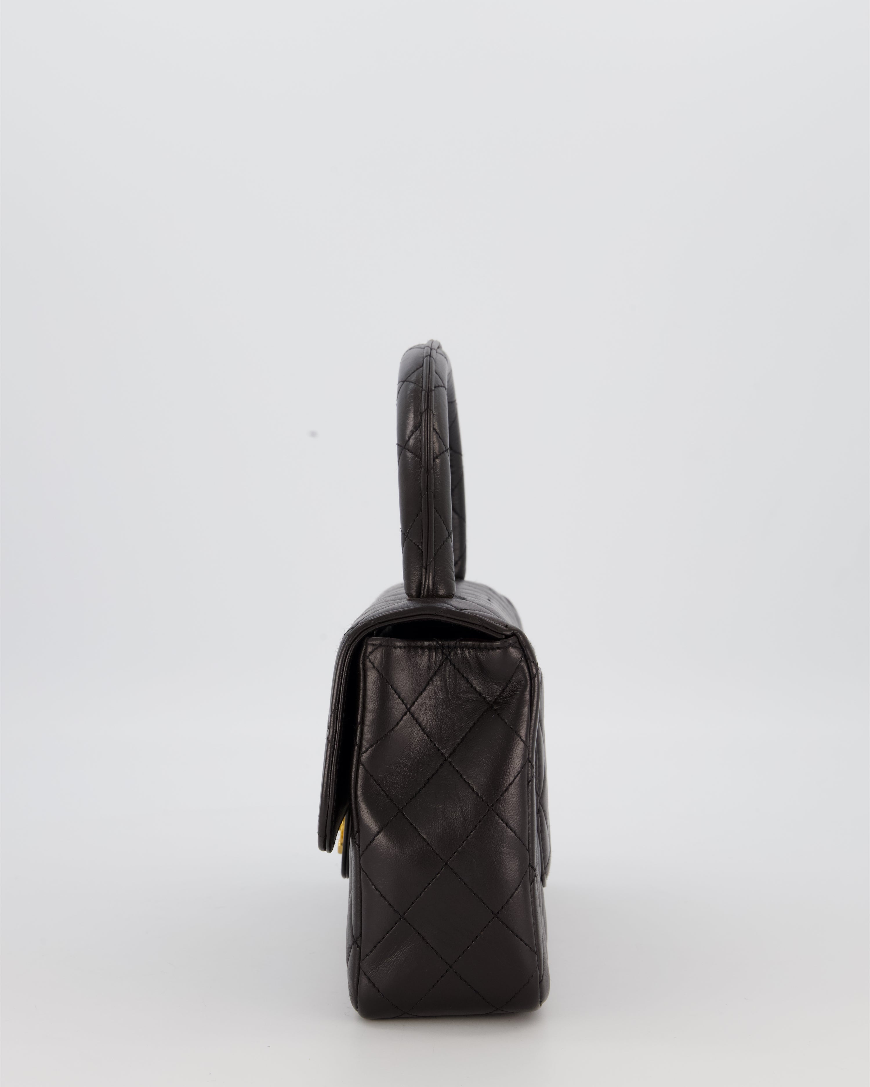 Chanel Black Vintage Top Handle Medium Single Flap Bag in Lambskin Leather with 24K Gold Hardware