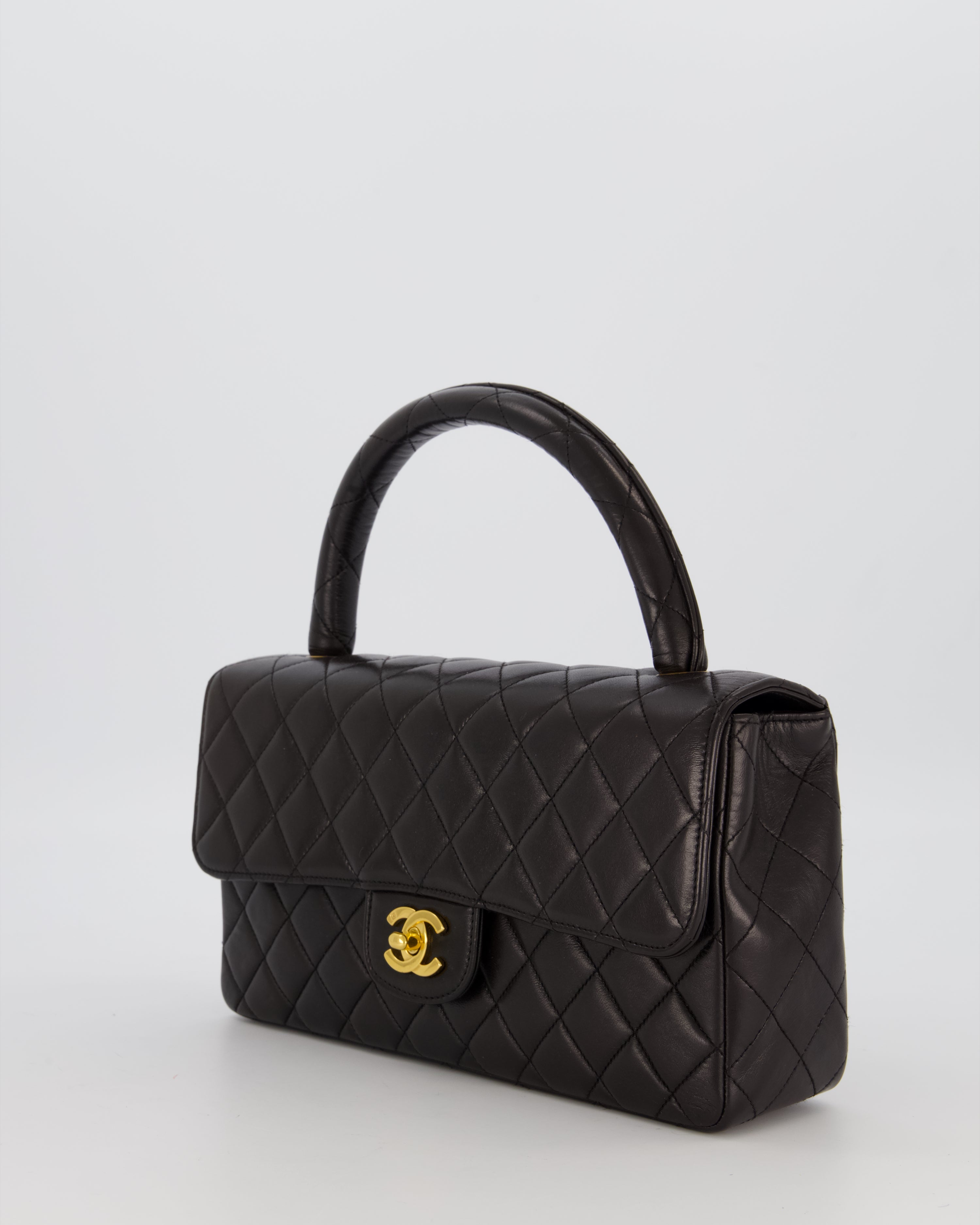 Chanel Black Vintage Top Handle Medium Single Flap Bag in Lambskin Leather with 24K Gold Hardware
