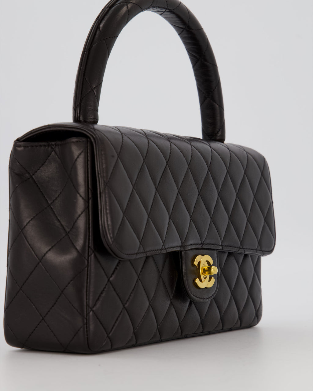 Chanel Black Vintage Top Handle Medium Single Flap Bag in Lambskin Leather with 24K Gold Hardware