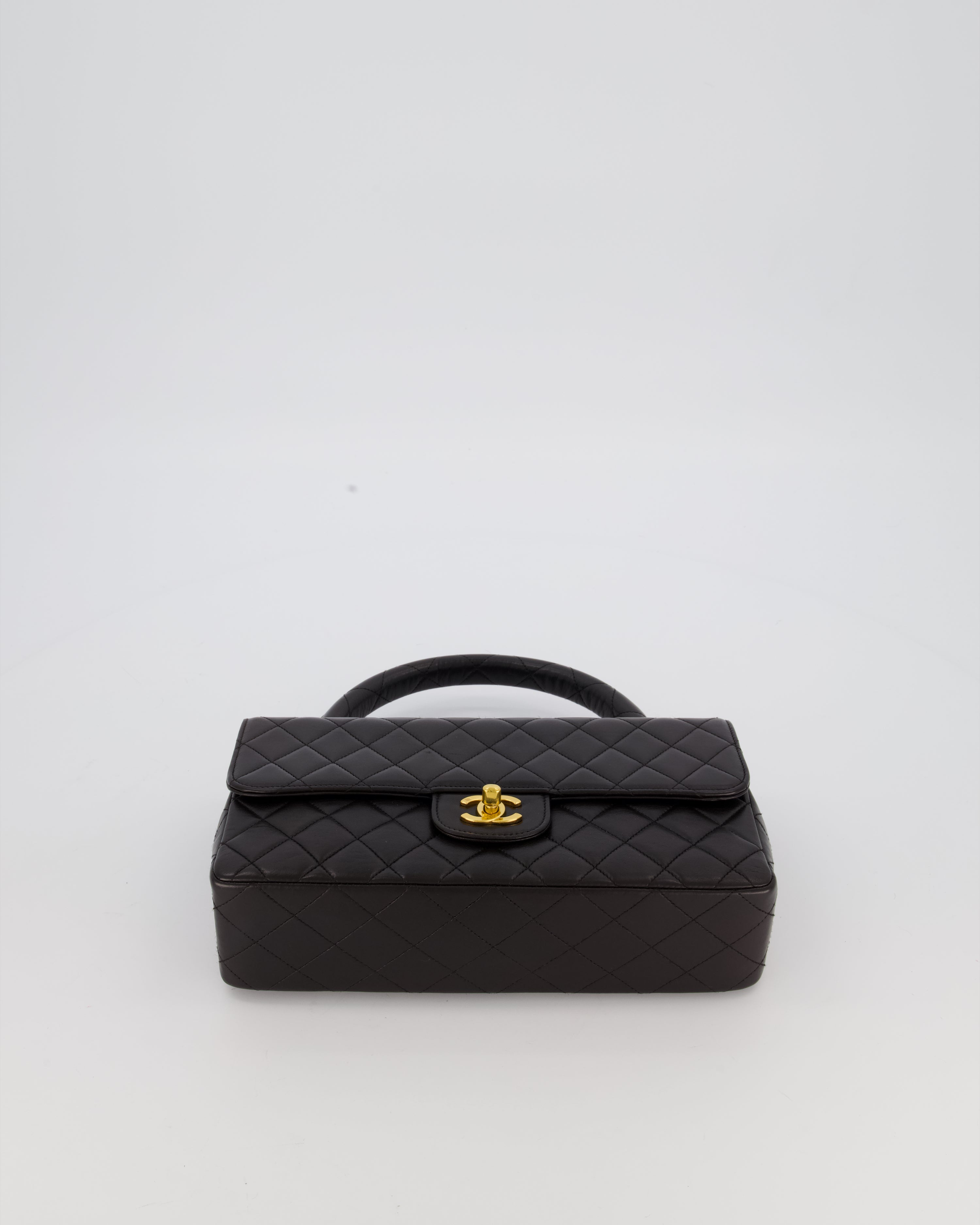 Chanel Black Vintage Top Handle Medium Single Flap Bag in Lambskin Leather with 24K Gold Hardware