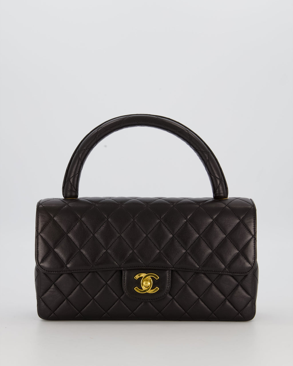 Chanel Black Vintage Top Handle Medium Single Flap Bag in Lambskin Leather with 24K Gold Hardware