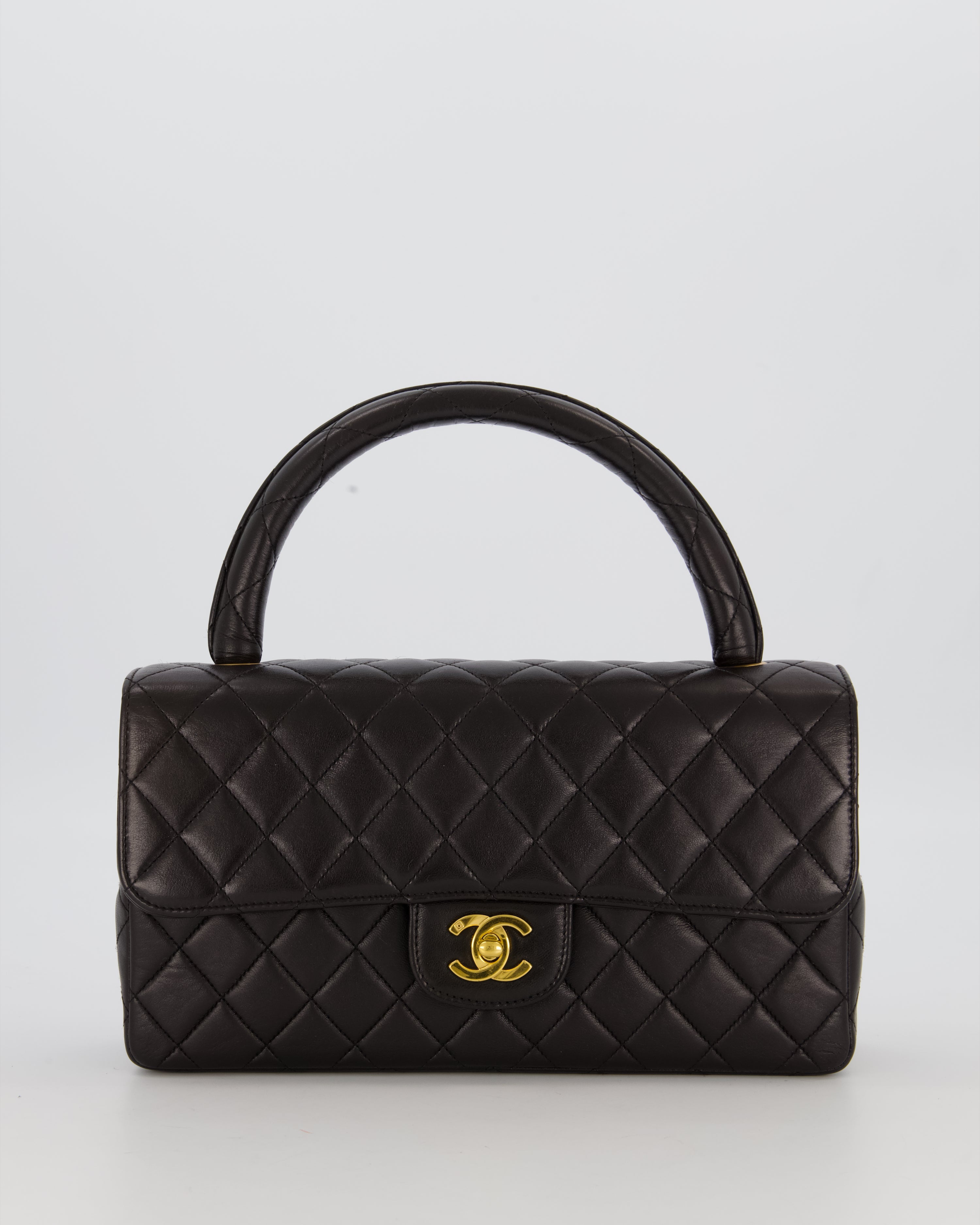 Chanel Black Vintage Top Handle Medium Single Flap Bag in Lambskin Leather with 24K Gold Hardware