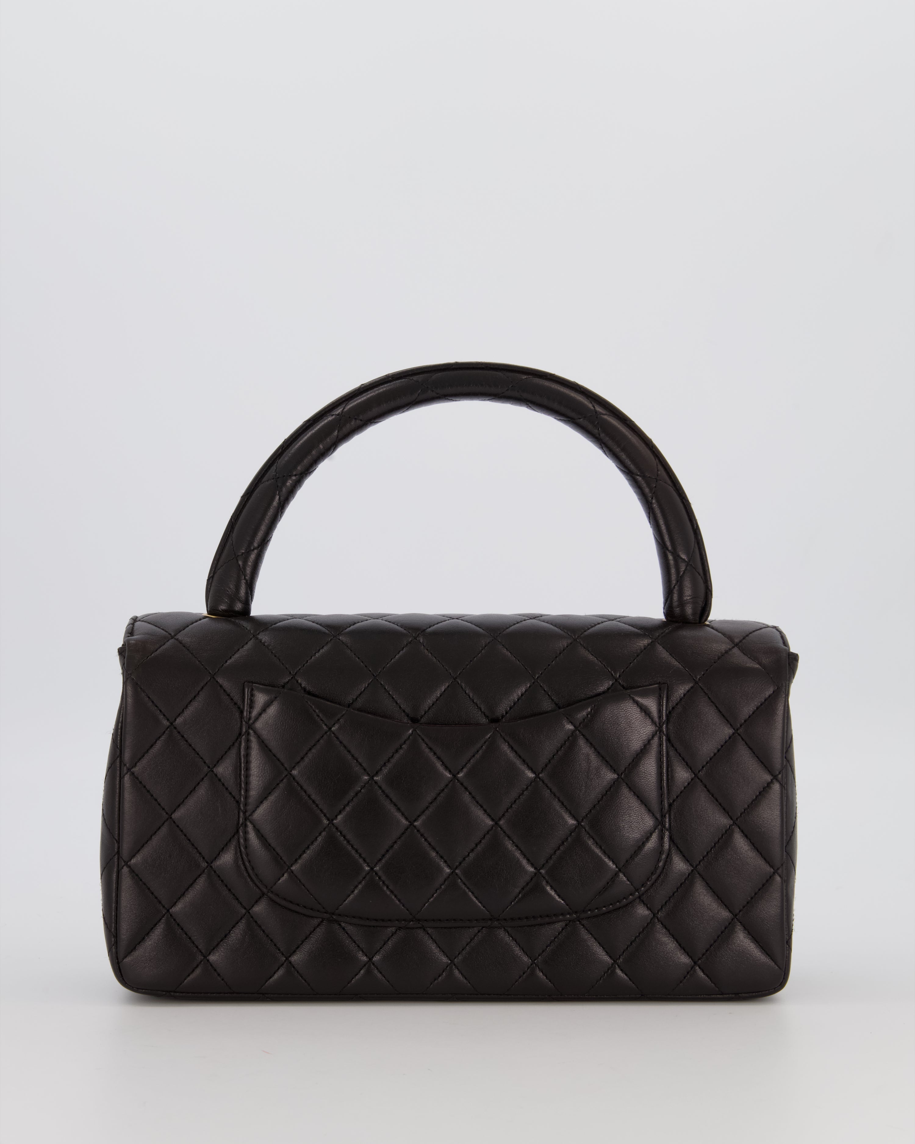 Chanel Black Vintage Top Handle Medium Single Flap Bag in Lambskin Leather with 24K Gold Hardware