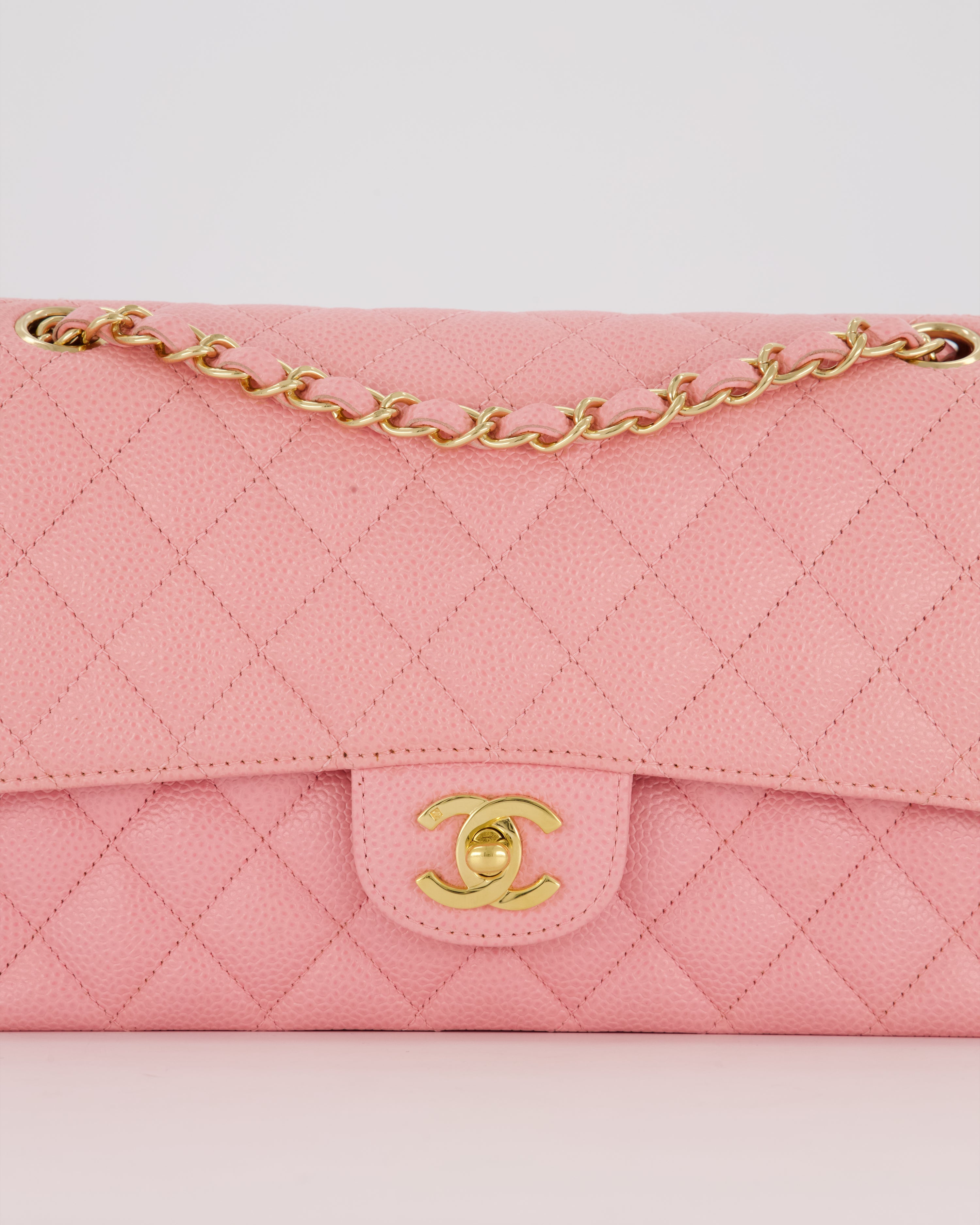 *HOT* Chanel Bubblegum Pink Vintage Classic Medium Double Flap Bag in Caviar Leather with 24K Gold Hardware