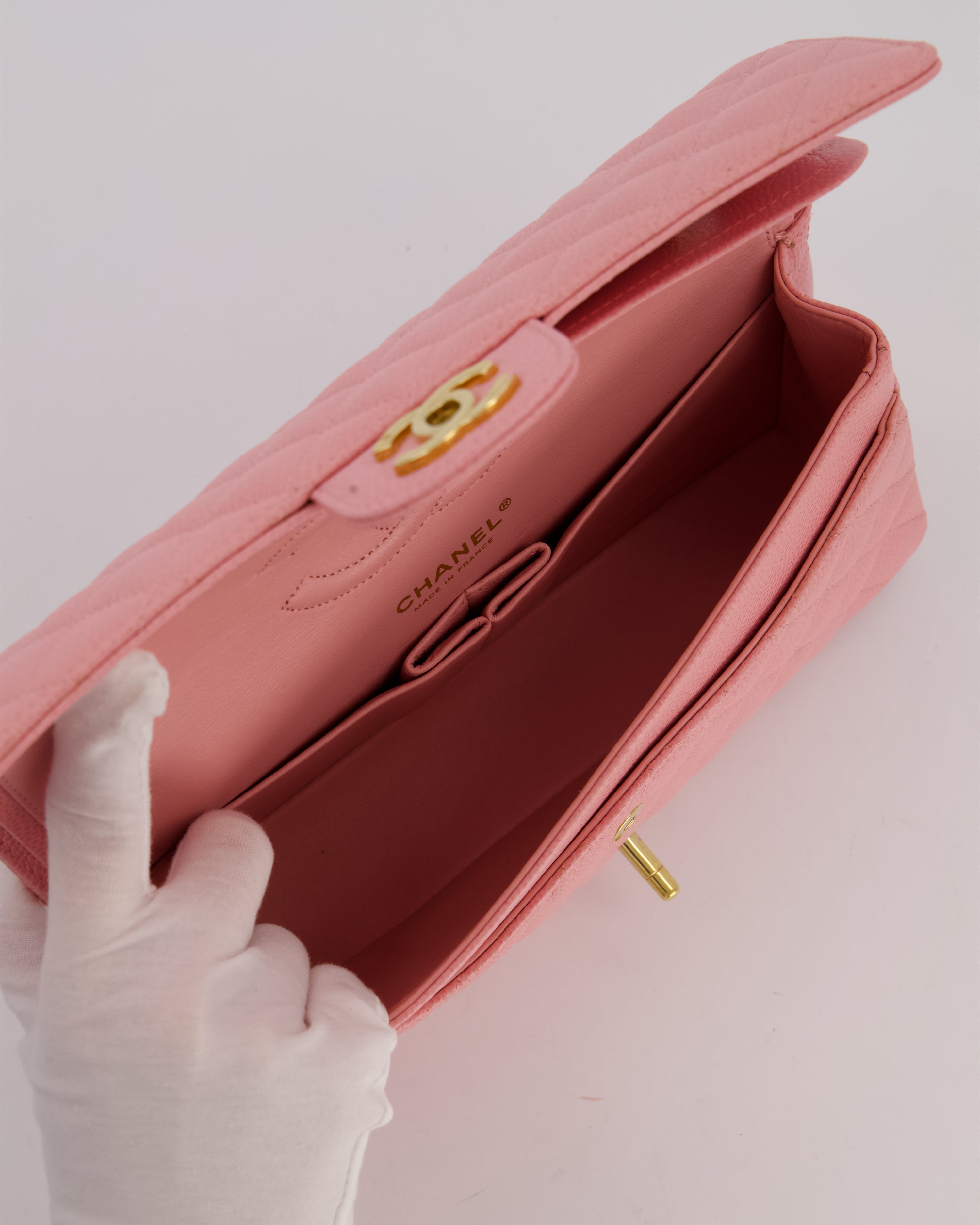 *HOT* Chanel Bubblegum Pink Vintage Classic Medium Double Flap Bag in Caviar Leather with 24K Gold Hardware