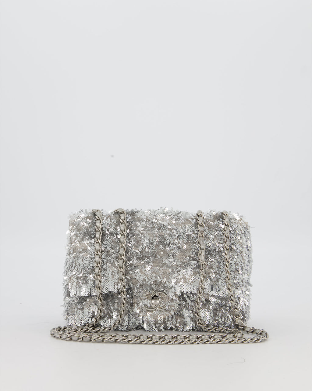 Chanel 25/S Mini Flap Bag in Silver Sequins with Silver Hardware