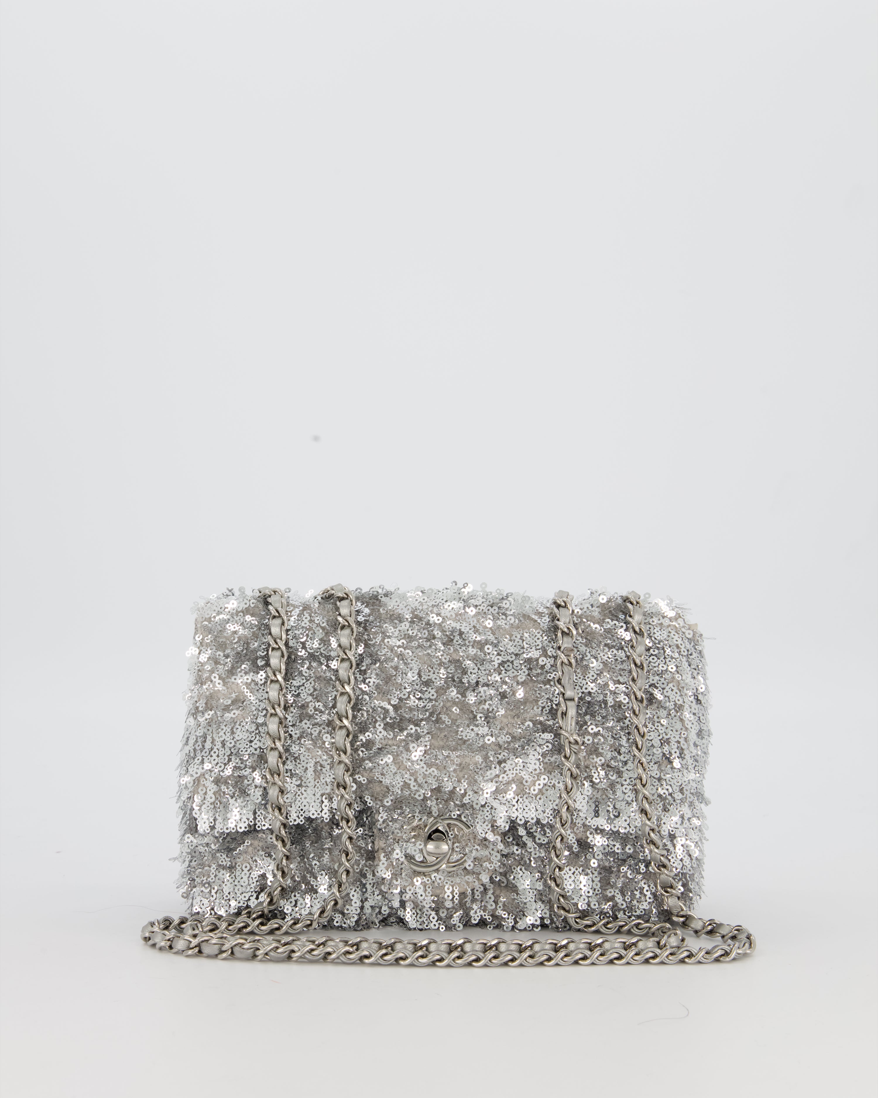 Chanel 25/S Mini Flap Bag in Silver Sequins with Silver Hardware