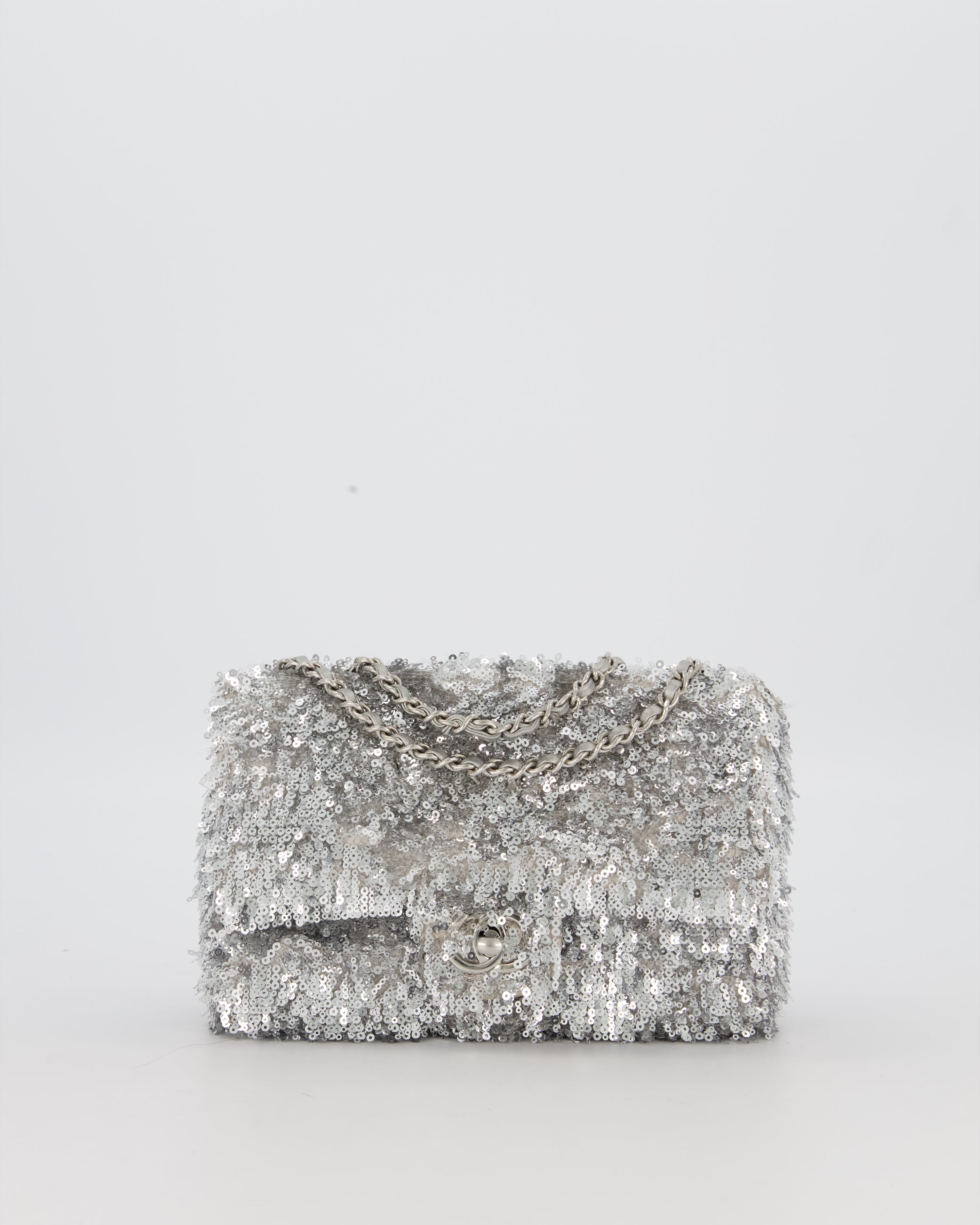 Chanel 25/S Mini Flap Bag in Silver Sequins with Silver Hardware