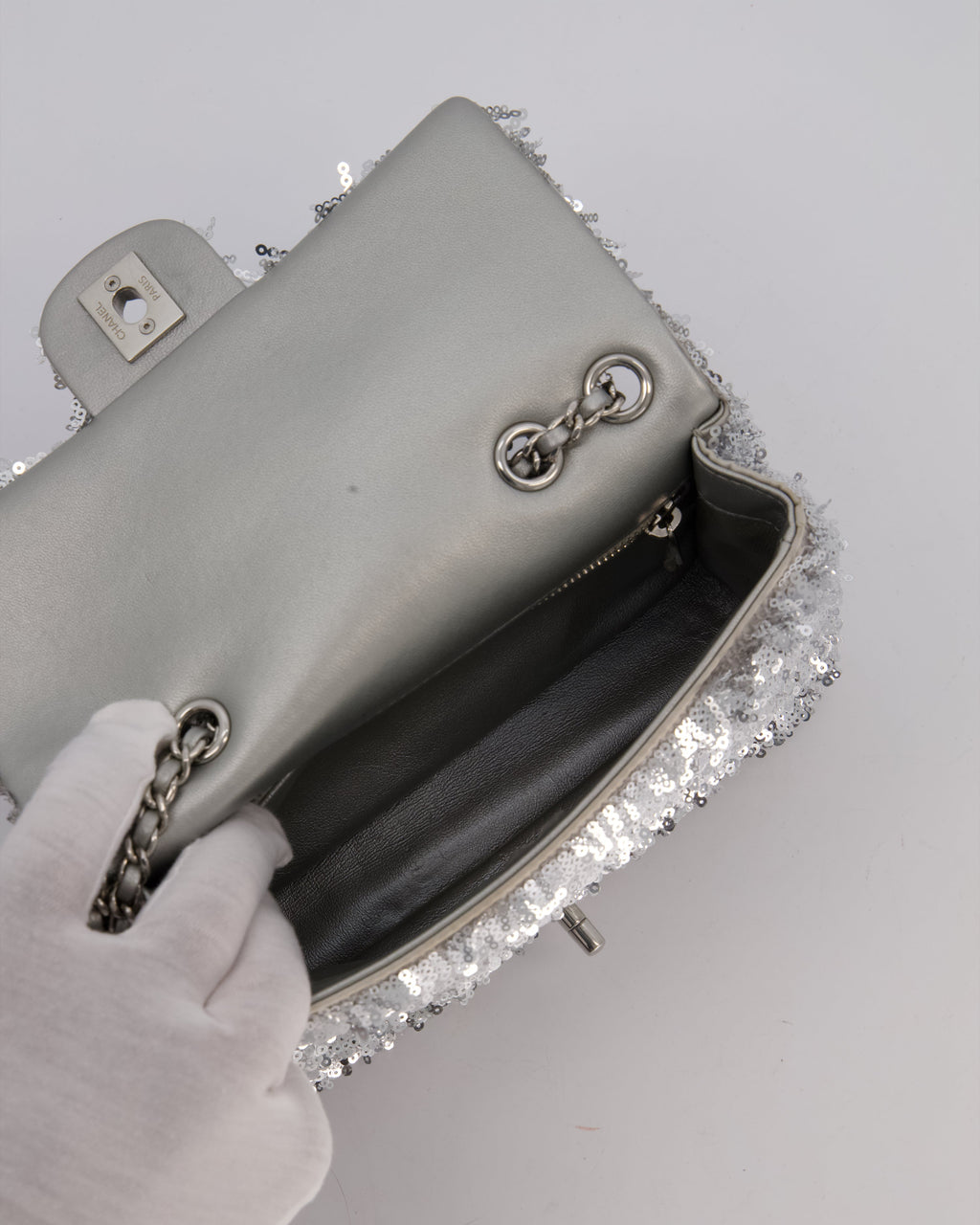 Chanel 25/S Mini Flap Bag in Silver Sequins with Silver Hardware
