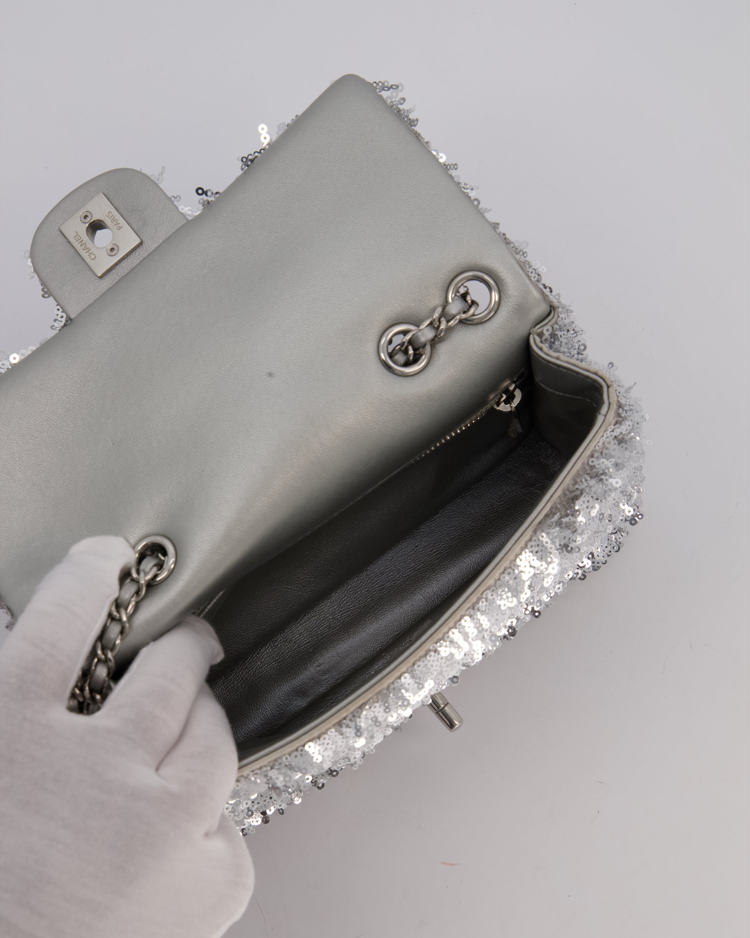 Chanel 25/S Mini Flap Bag in Silver Sequins with Silver Hardware
