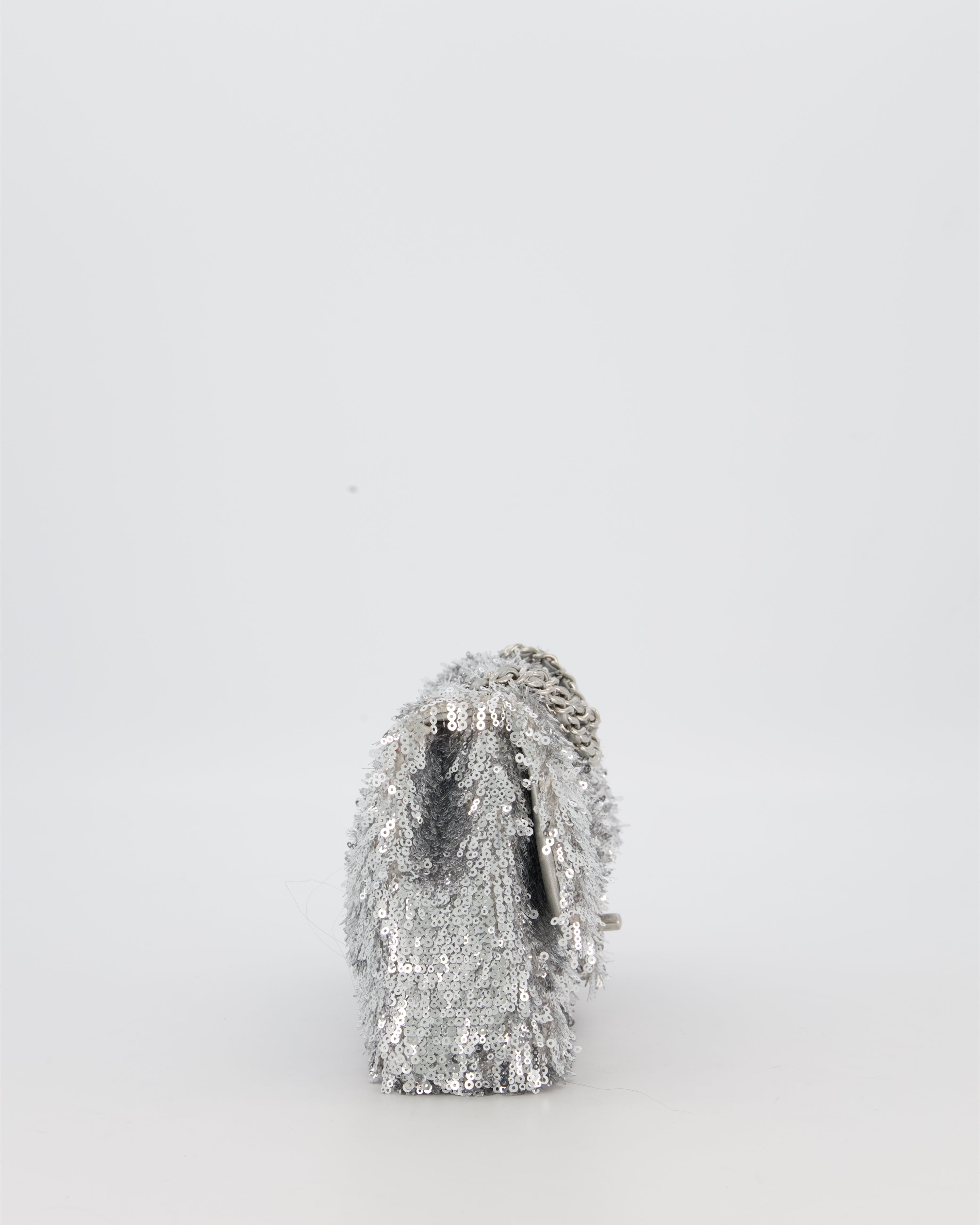 Chanel 25/S Mini Flap Bag in Silver Sequins with Silver Hardware