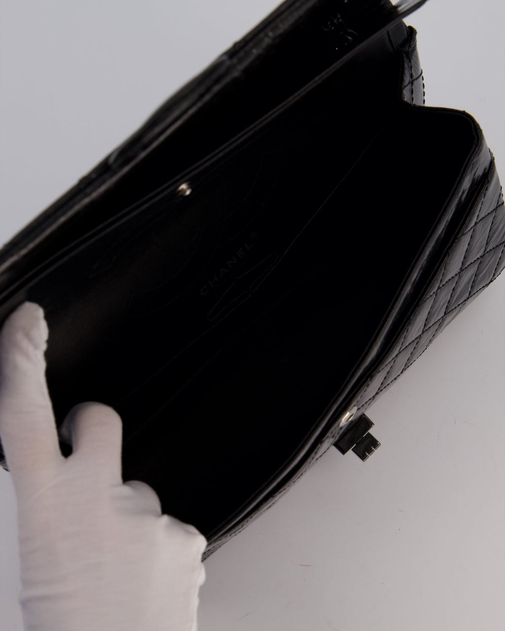 Chanel Black Reissue 226 Medium Double Flap Bag in Patent Leather with So Black Hardware
