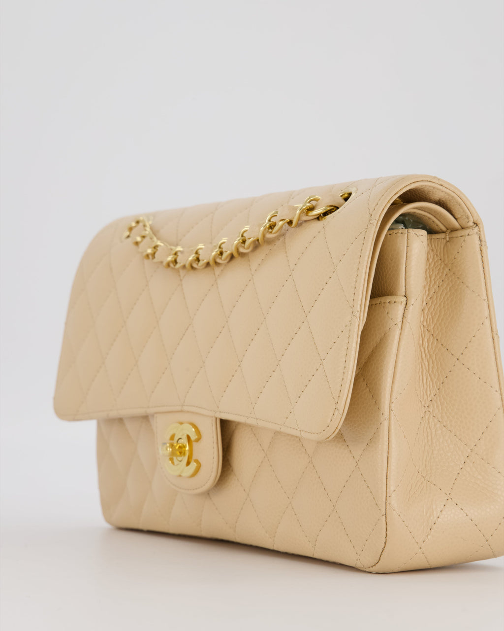 Chanel Medium Classic Double Flap Bag in Beige Clair Caviar Leather with Gold Hardware