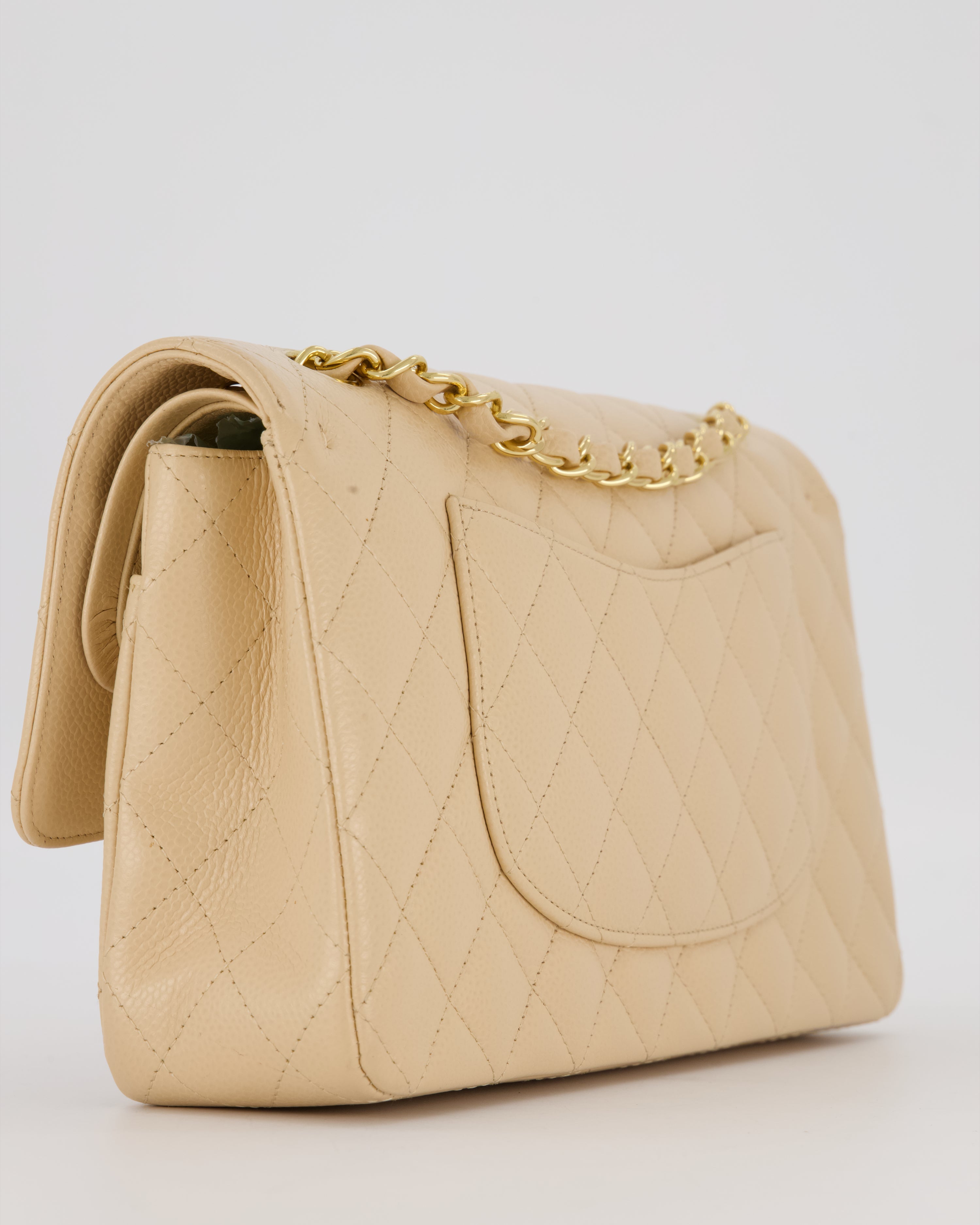 Chanel Medium Classic Double Flap Bag in Beige Clair Caviar Leather with Gold Hardware