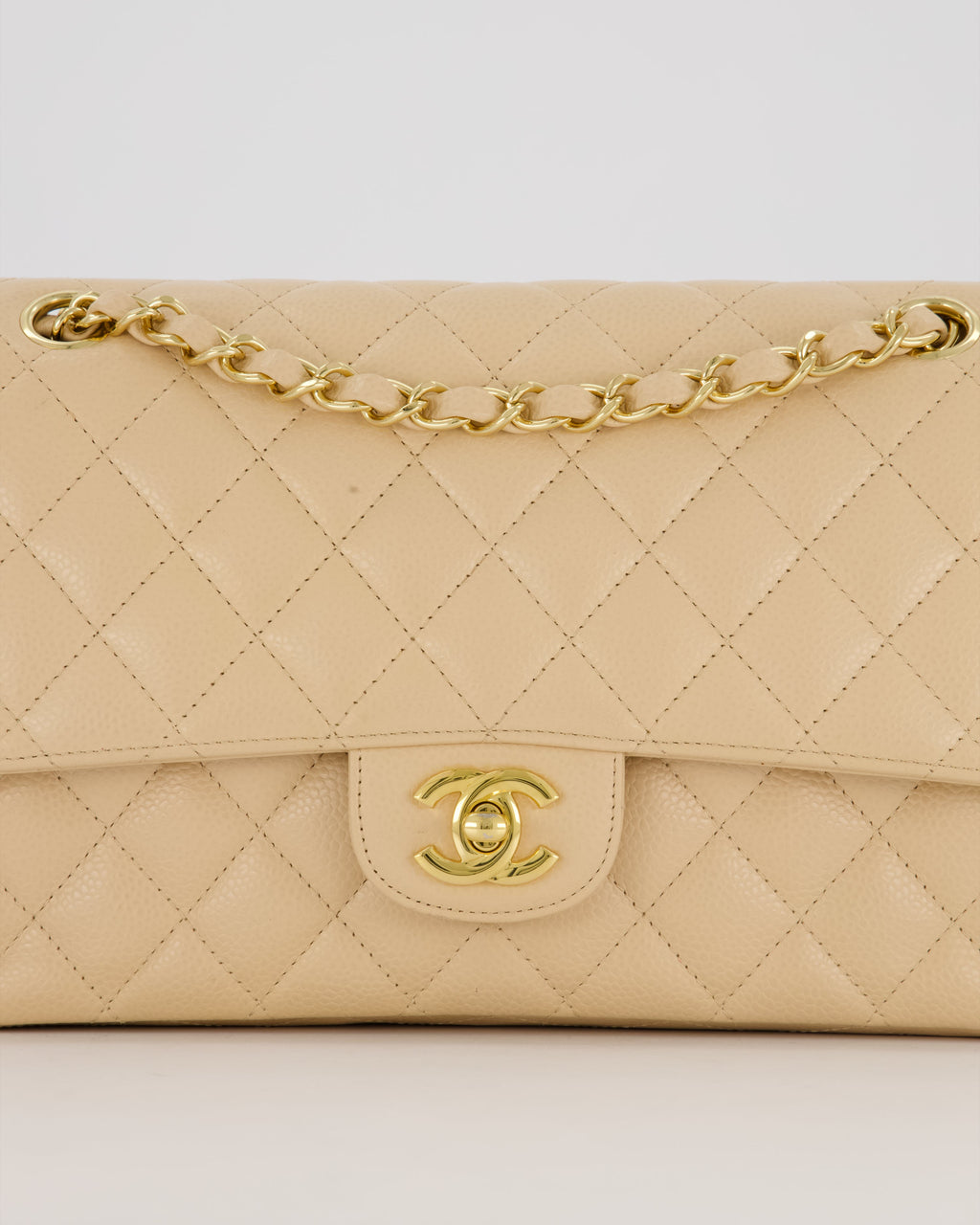 Chanel Medium Classic Double Flap Bag in Beige Clair Caviar Leather with Gold Hardware