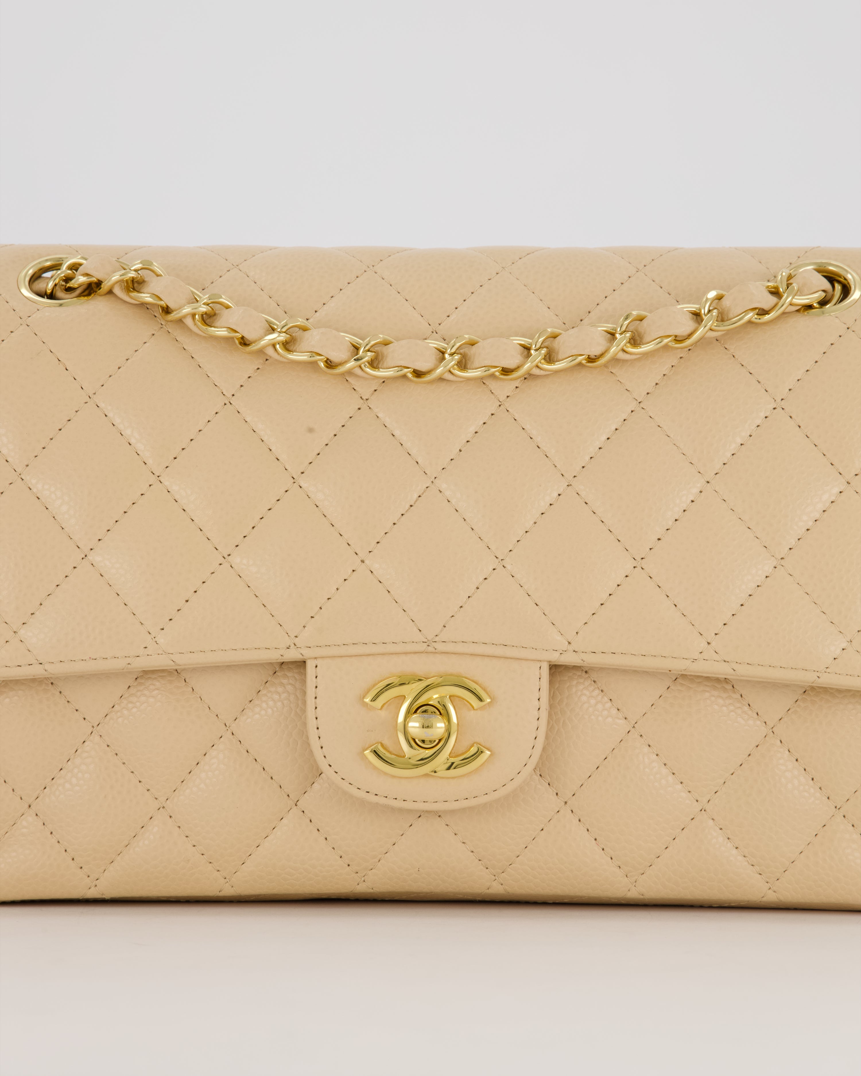 Chanel Medium Classic Double Flap Bag in Beige Clair Caviar Leather with Gold Hardware
