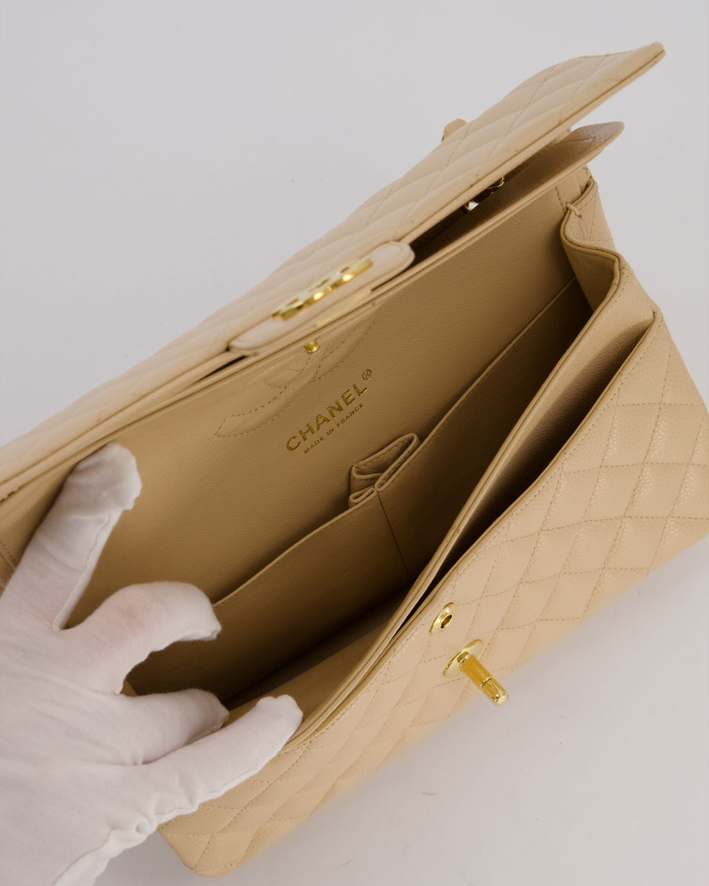 Chanel Medium Classic Double Flap Bag in Beige Clair Caviar Leather with Gold Hardware