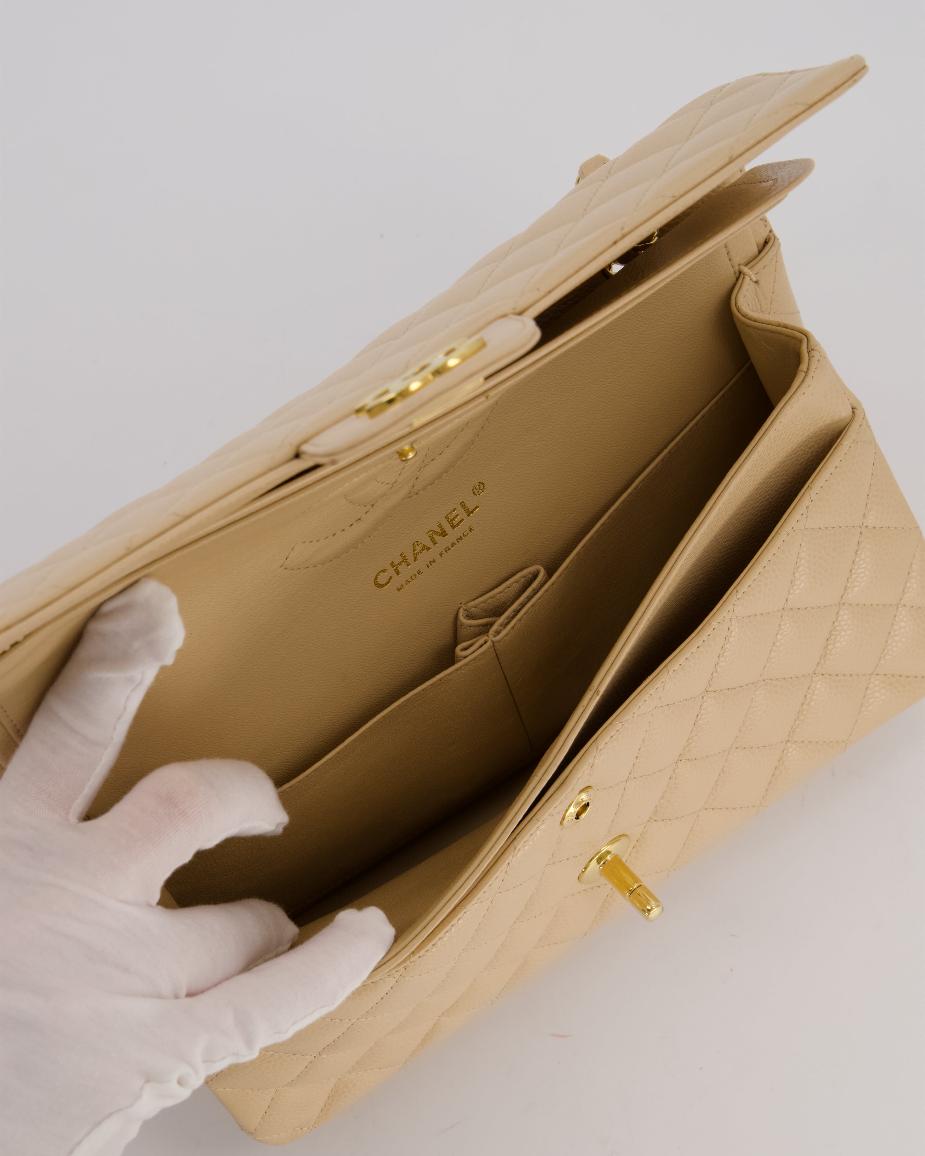 Chanel Medium Classic Double Flap Bag in Beige Clair Caviar Leather with Gold Hardware