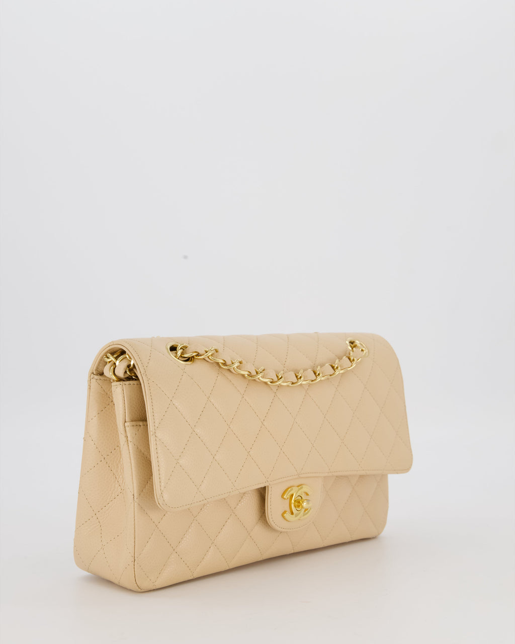 Chanel Medium Classic Double Flap Bag in Beige Clair Caviar Leather with Gold Hardware