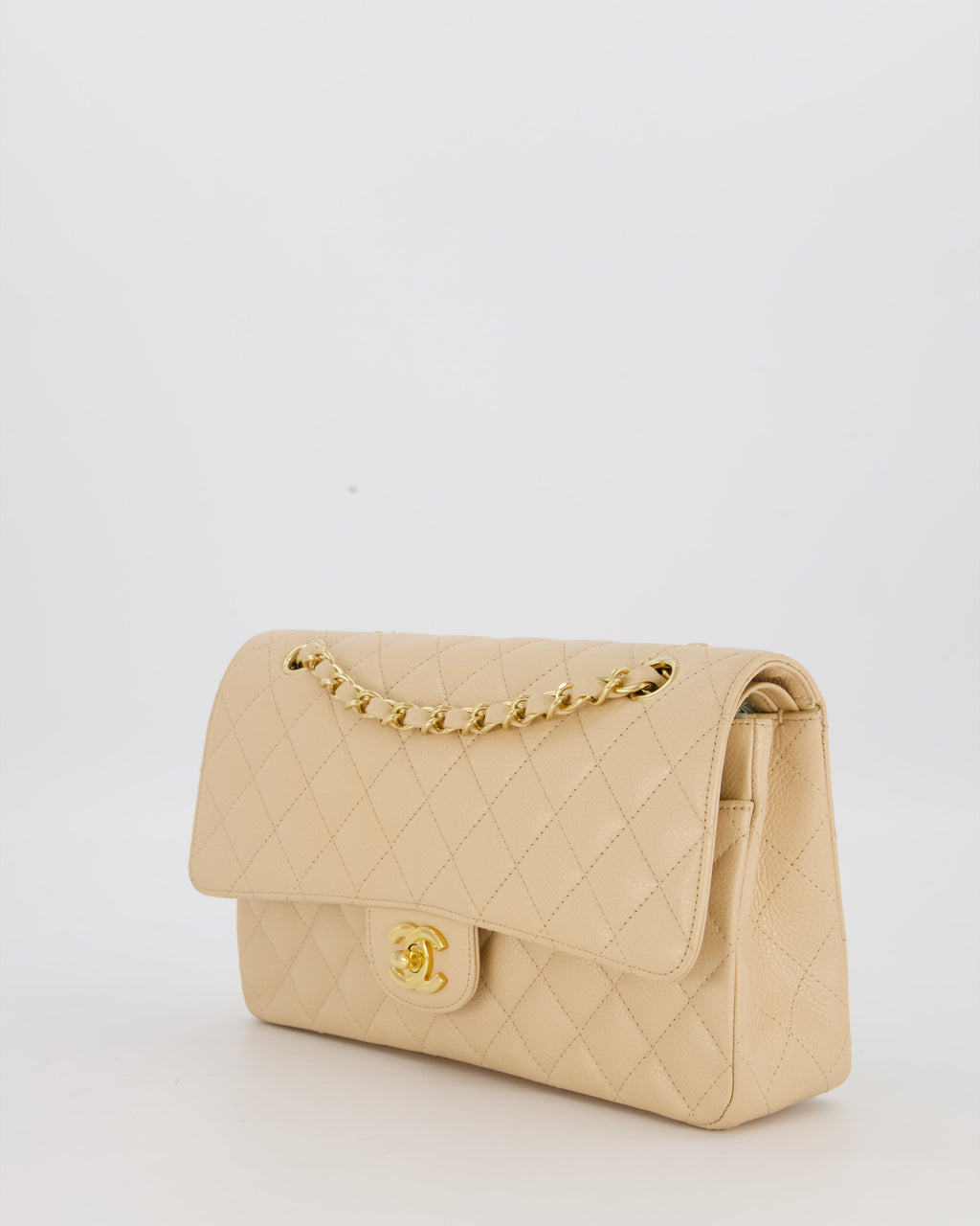 Chanel Medium Classic Double Flap Bag in Beige Clair Caviar Leather with Gold Hardware