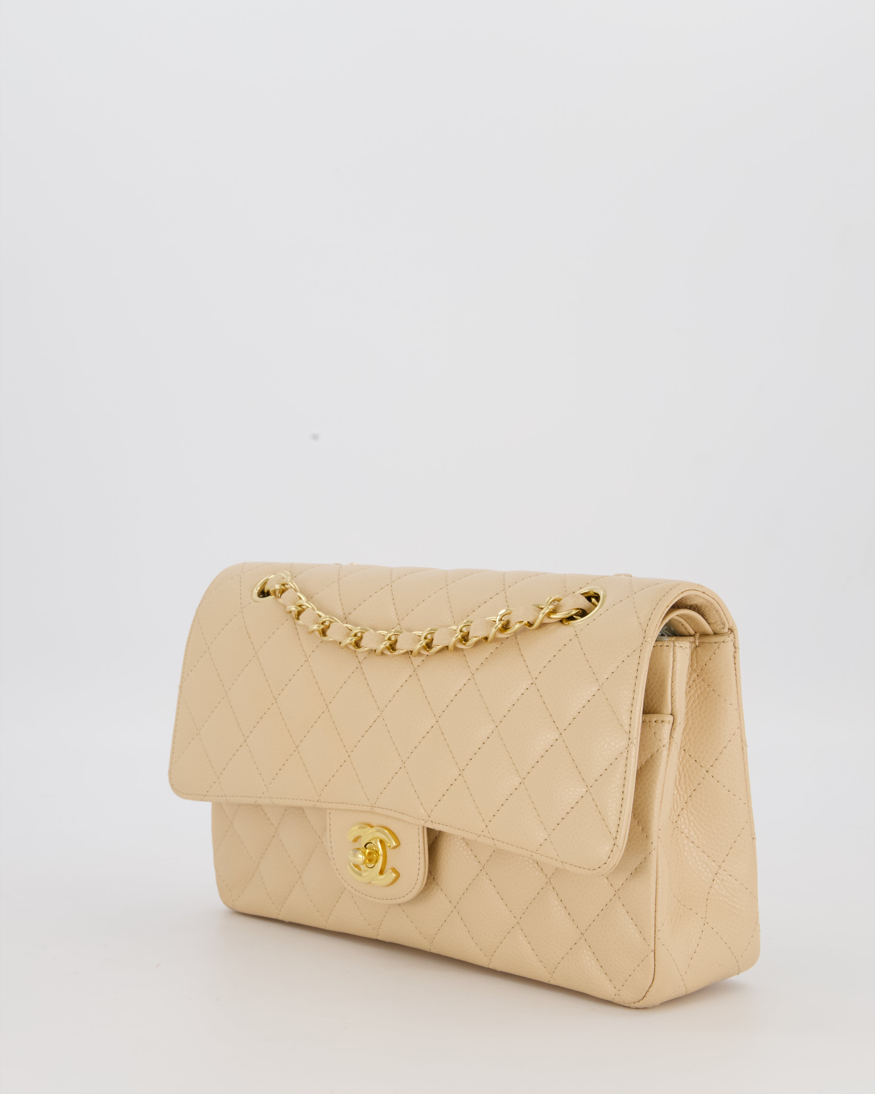 Chanel Medium Classic Double Flap Bag in Beige Clair Caviar Leather with Gold Hardware