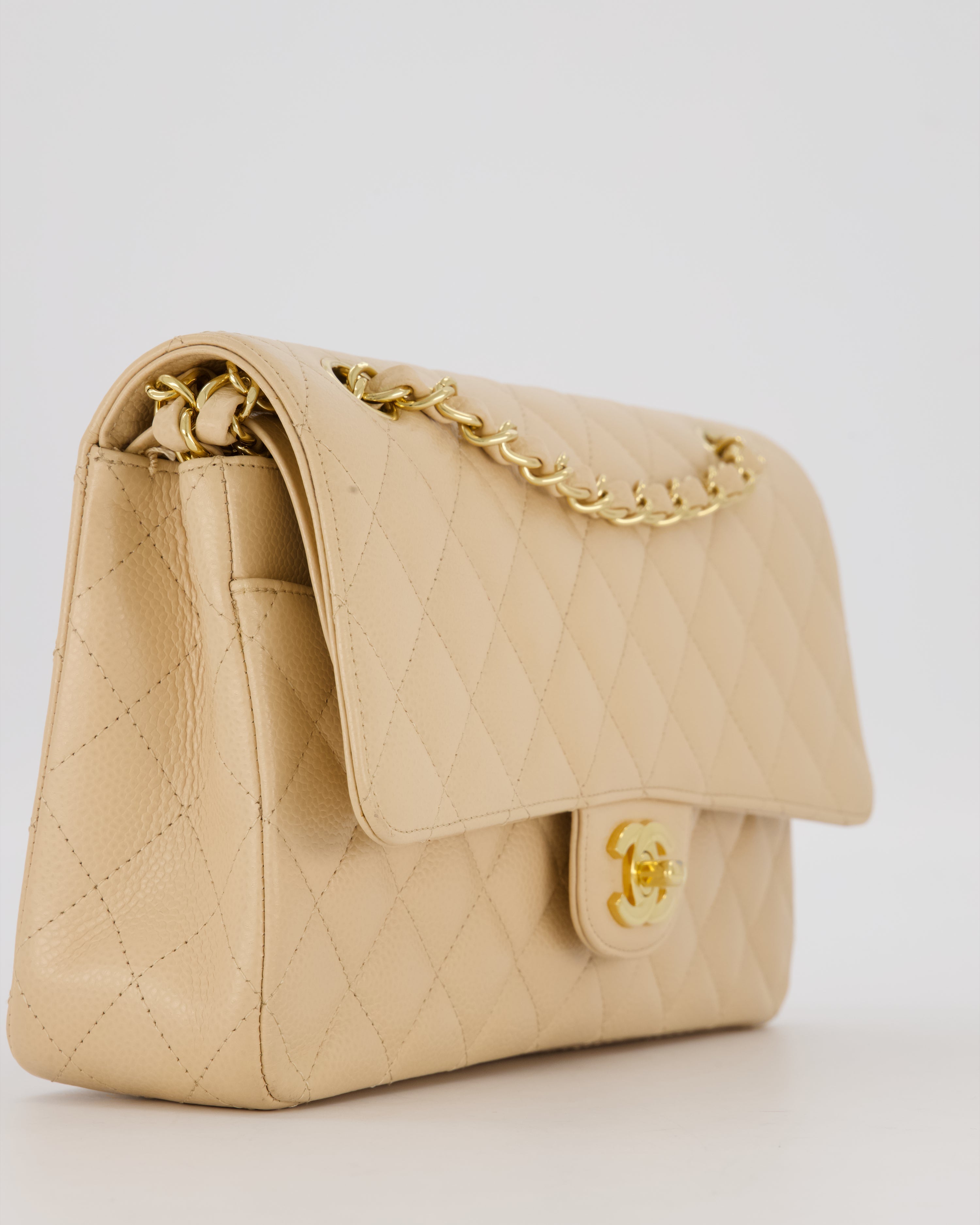 Chanel Medium Classic Double Flap Bag in Beige Clair Caviar Leather with Gold Hardware