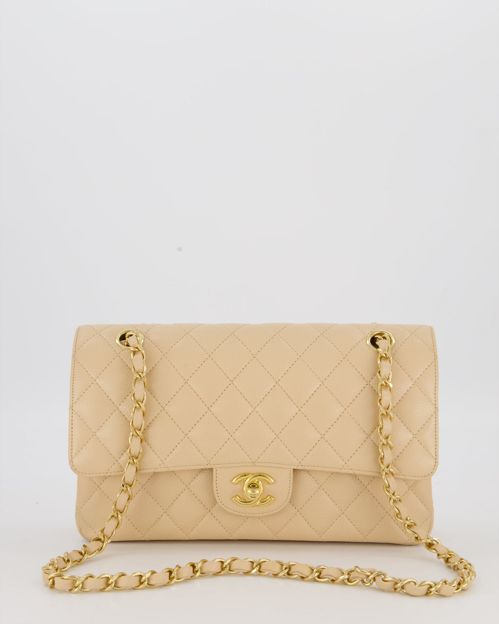 Chanel Medium Classic Double Flap Bag in Beige Clair Caviar Leather with Gold Hardware